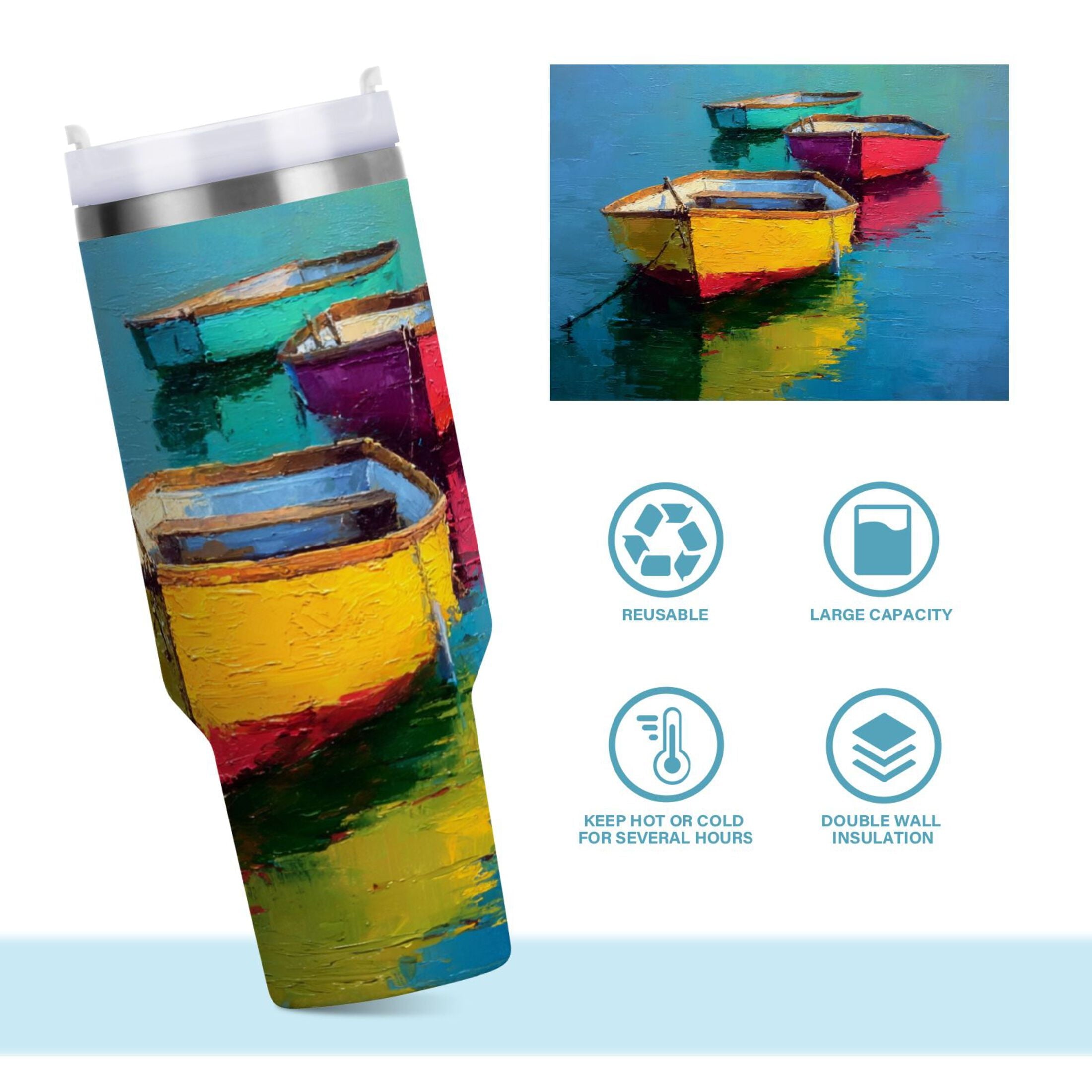 30 oz Insulated Stainless Steel Tumbler Double Wall Stainless Steel Tumbler with 2-Way Drinking Colorful Row Boats - J51Q