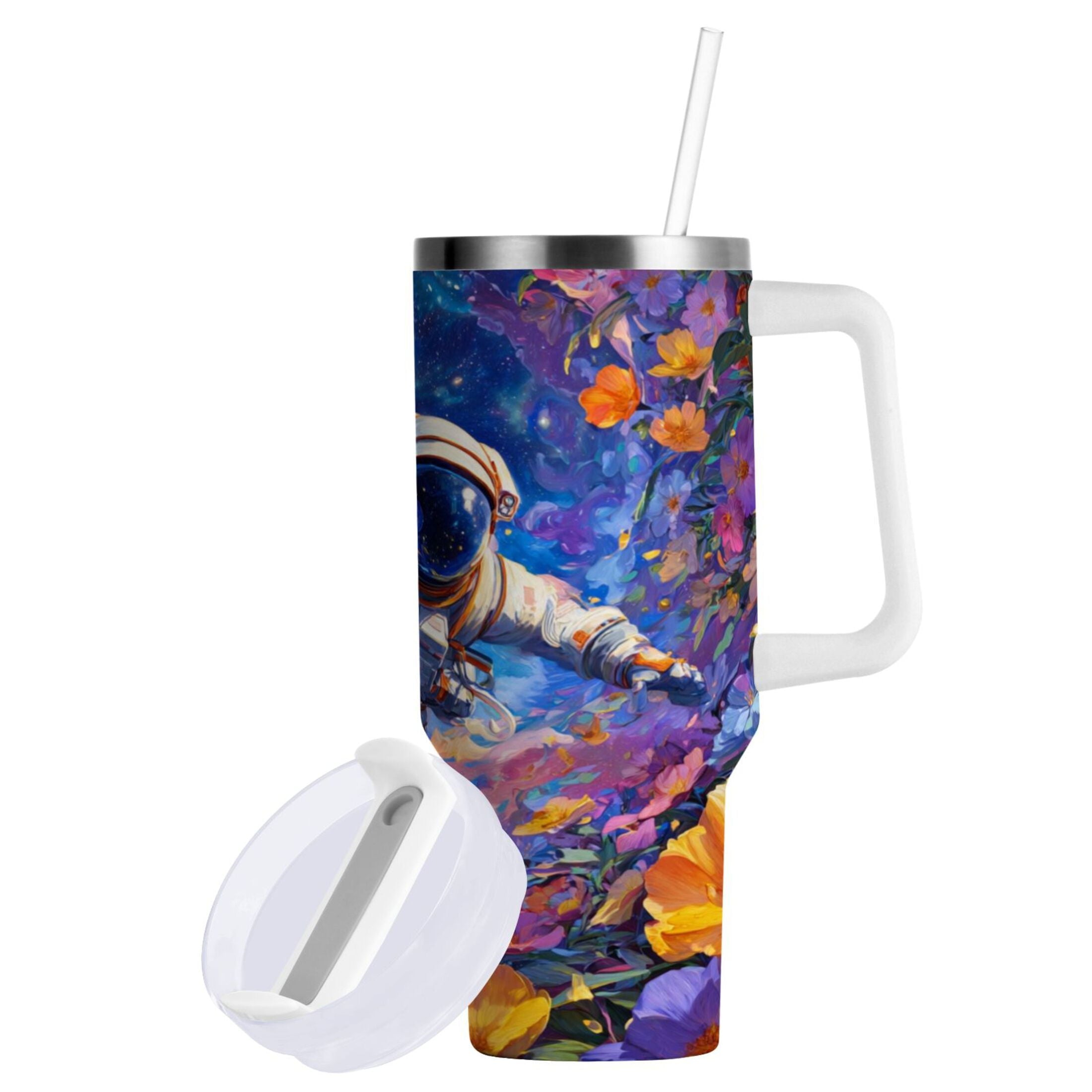 40 oz Insulated Stainless Steel Tumbler Double Wall Stainless Steel Tumbler with 2-Way Drinking Astronaut and Colorful Flowers - AYMO