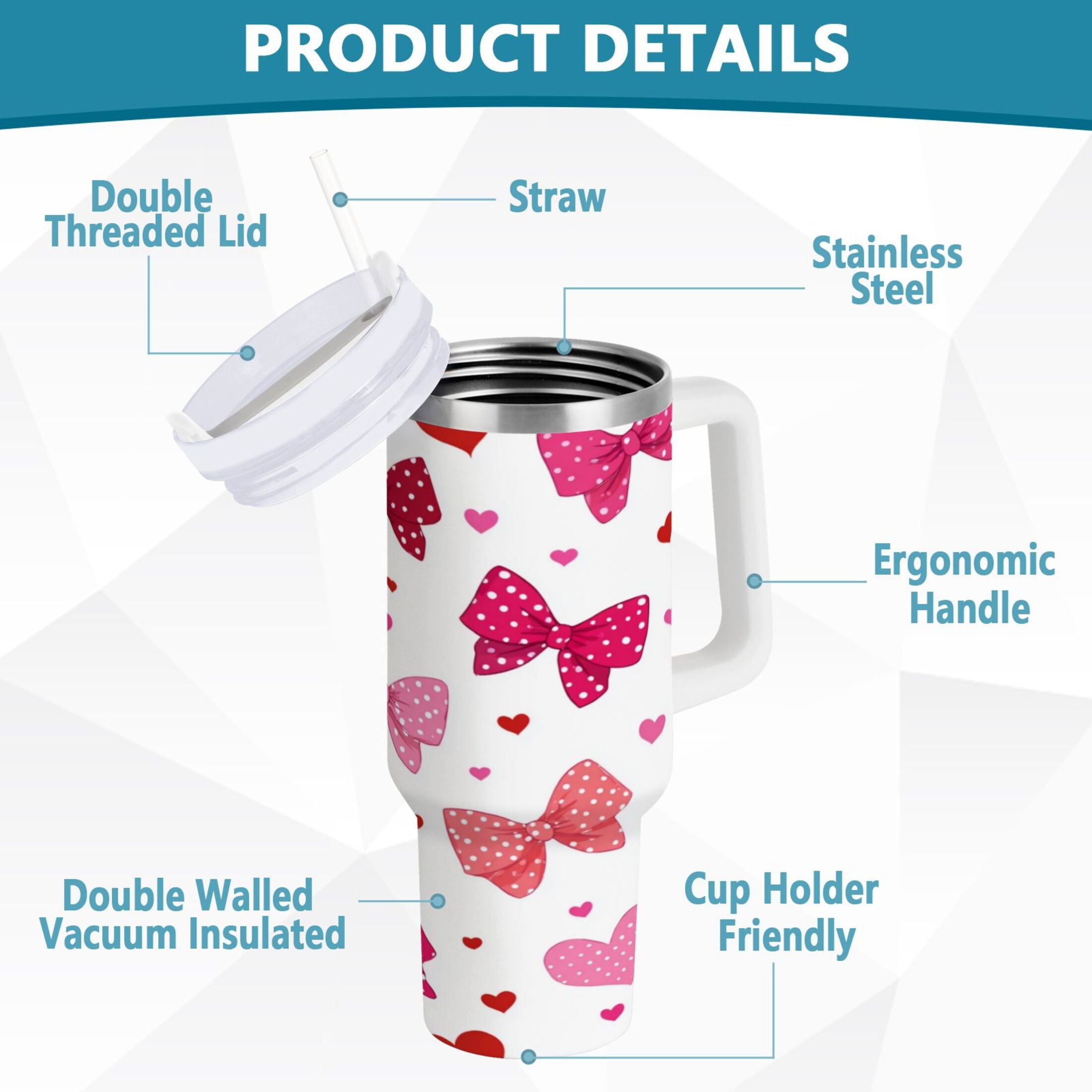 30 oz Insulated Stainless Steel Tumbler Double Wall Stainless Steel Tumbler with 2-Way Drinking Red and Pink Bows - MYYZ