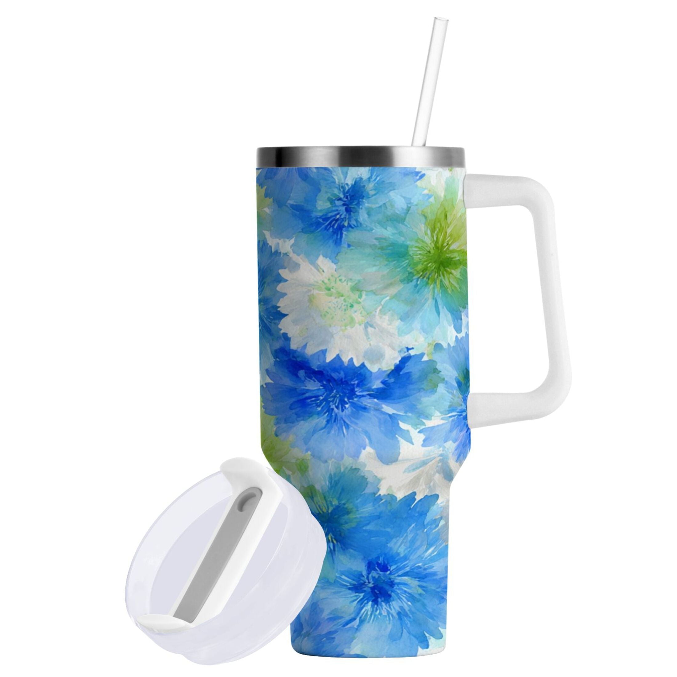40 oz Insulated Stainless Steel Tumbler Double Wall Stainless Steel Tumbler with 2-Way Drinking Watercolor Blue Cornflowers - ED1I