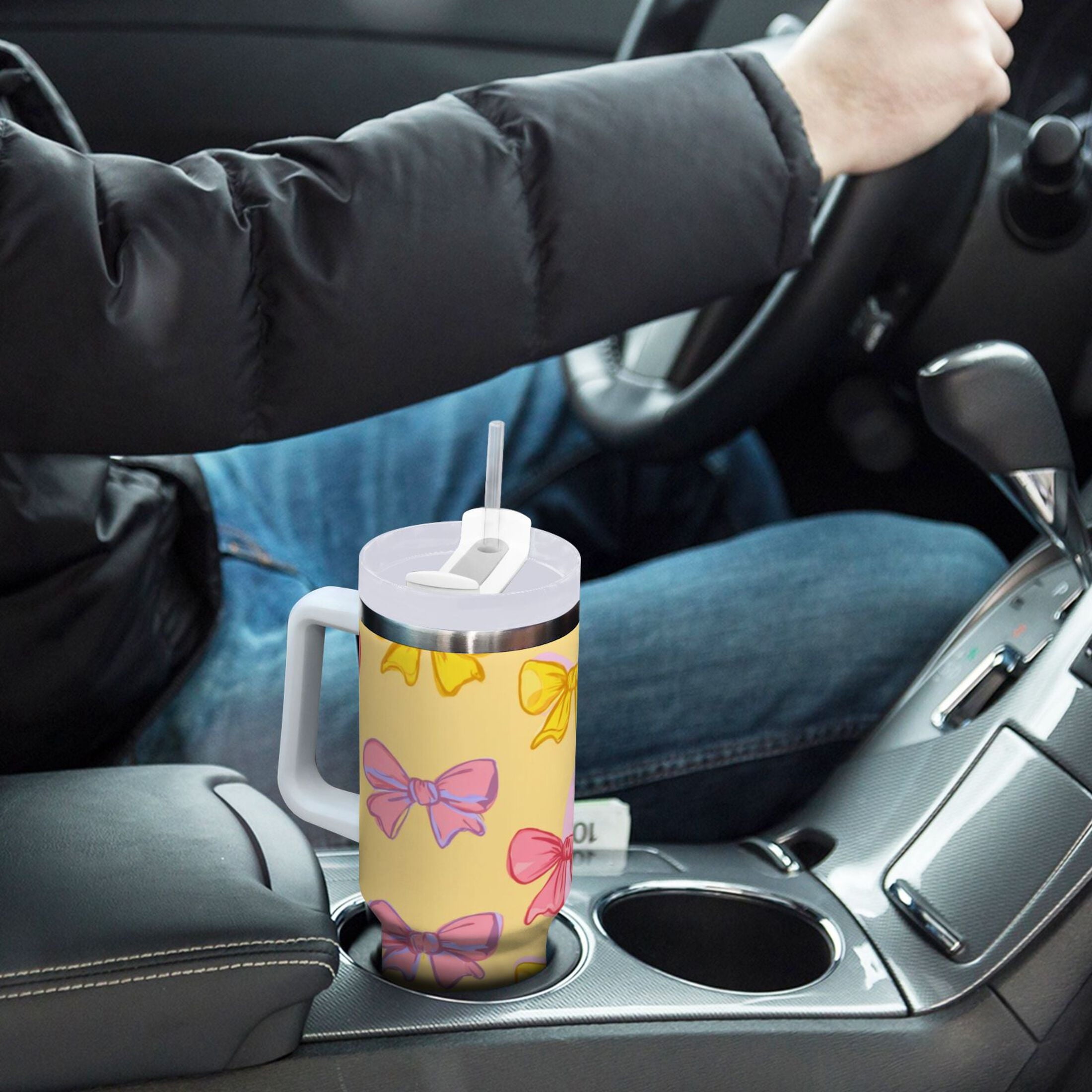 30 oz Insulated Stainless Steel Tumbler Double Wall Stainless Steel Tumbler with 2-Way Drinking Yellow and Pink Bows - Y0T2