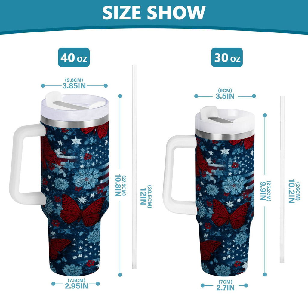 30 oz Insulated Stainless Steel Tumbler Double Wall Stainless Steel Tumbler with 2-Way Drinking Red Butterflies and Flags - Y1GX