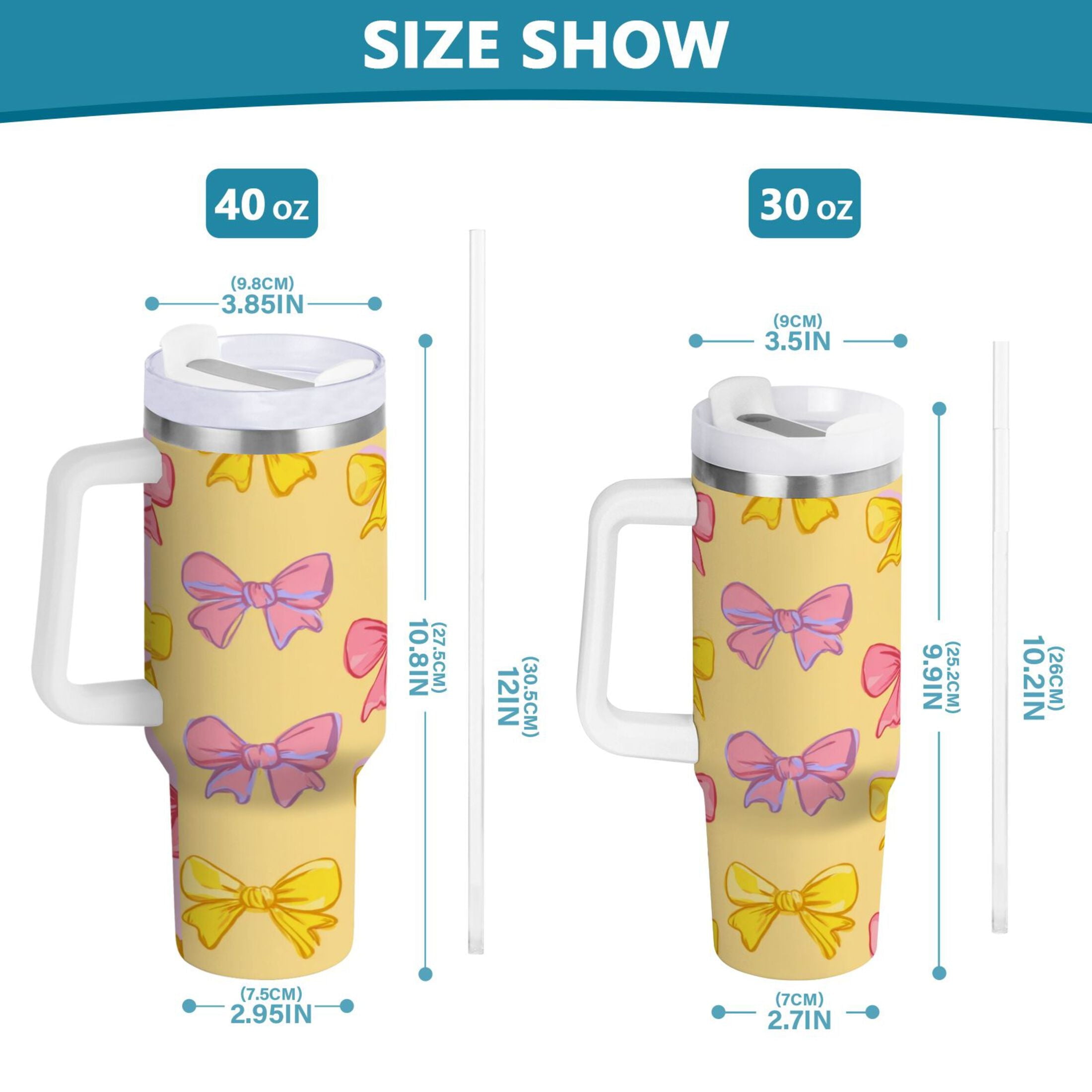 30 oz Insulated Stainless Steel Tumbler Double Wall Stainless Steel Tumbler with 2-Way Drinking Yellow and Pink Bows - Y0T2