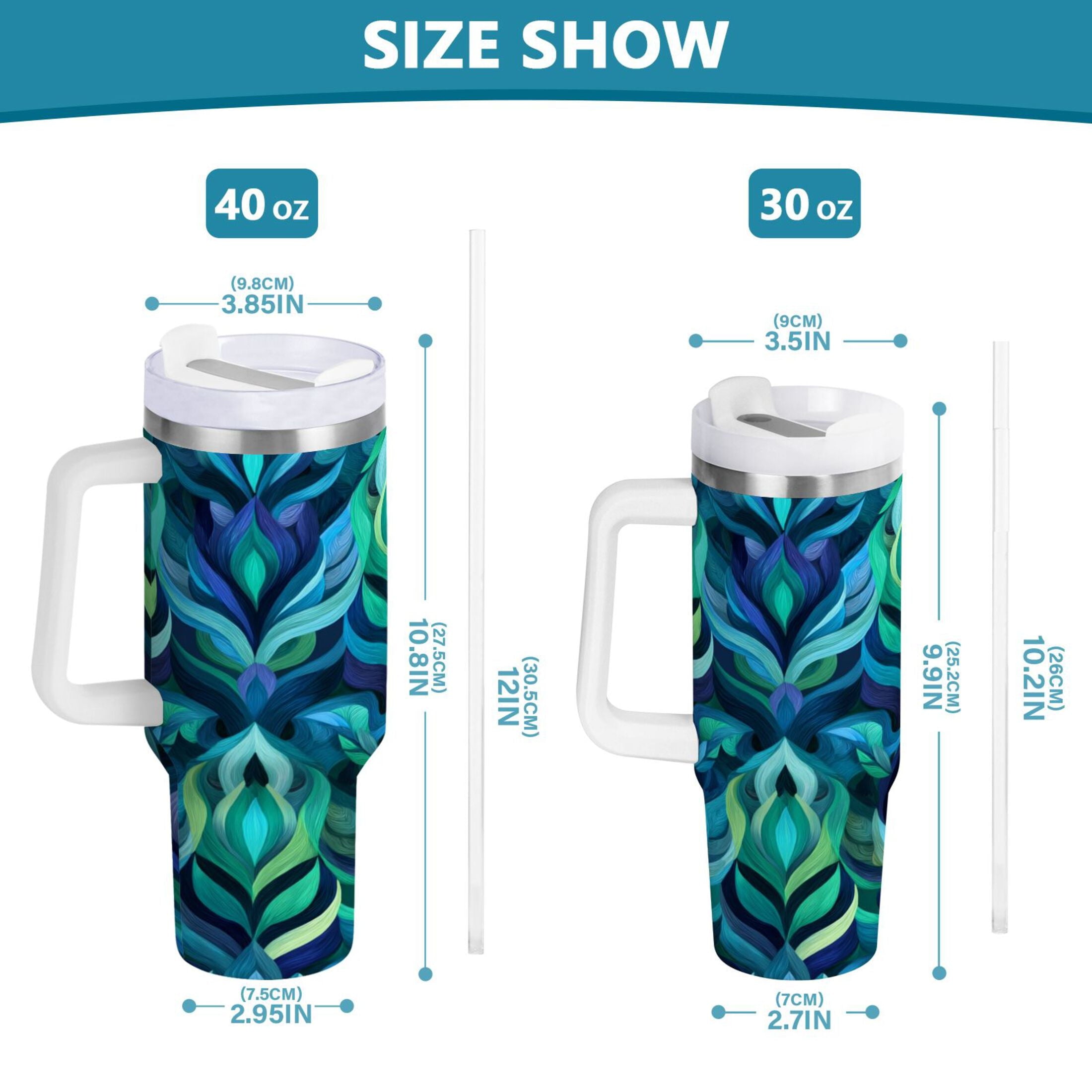 40 oz Insulated Stainless Steel Tumbler Double Wall Stainless Steel Tumbler with 2-Way Drinking Elegant Blue Abstract Shapes - FWFT