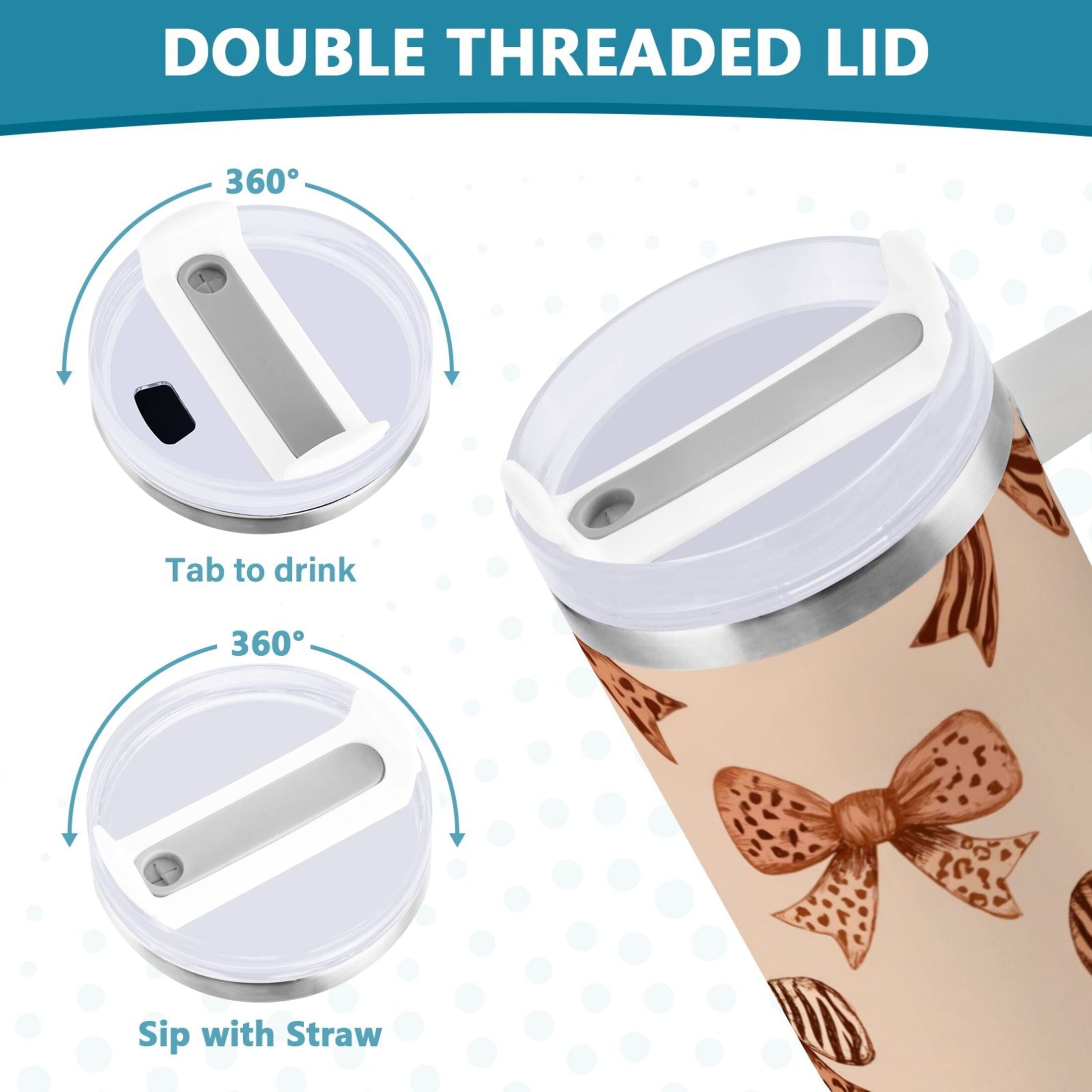 40 oz Insulated Stainless Steel Tumbler Double Wall Stainless Steel Tumbler with 2-Way Drinking Leopard Print Bow - TY71