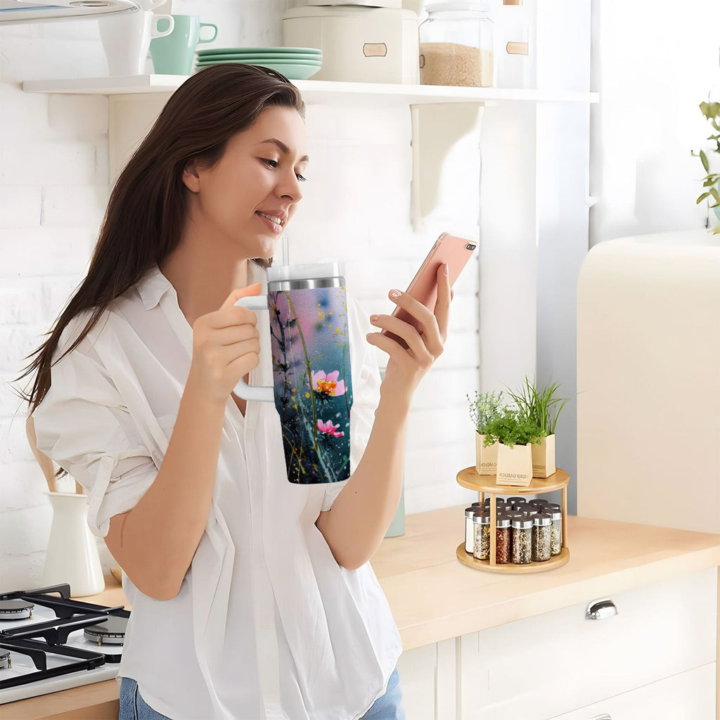 40 oz Insulated Stainless Steel Tumbler Double Wall Stainless Steel Tumbler with 2-Way Drinking Abstract Wildflowers - B83F