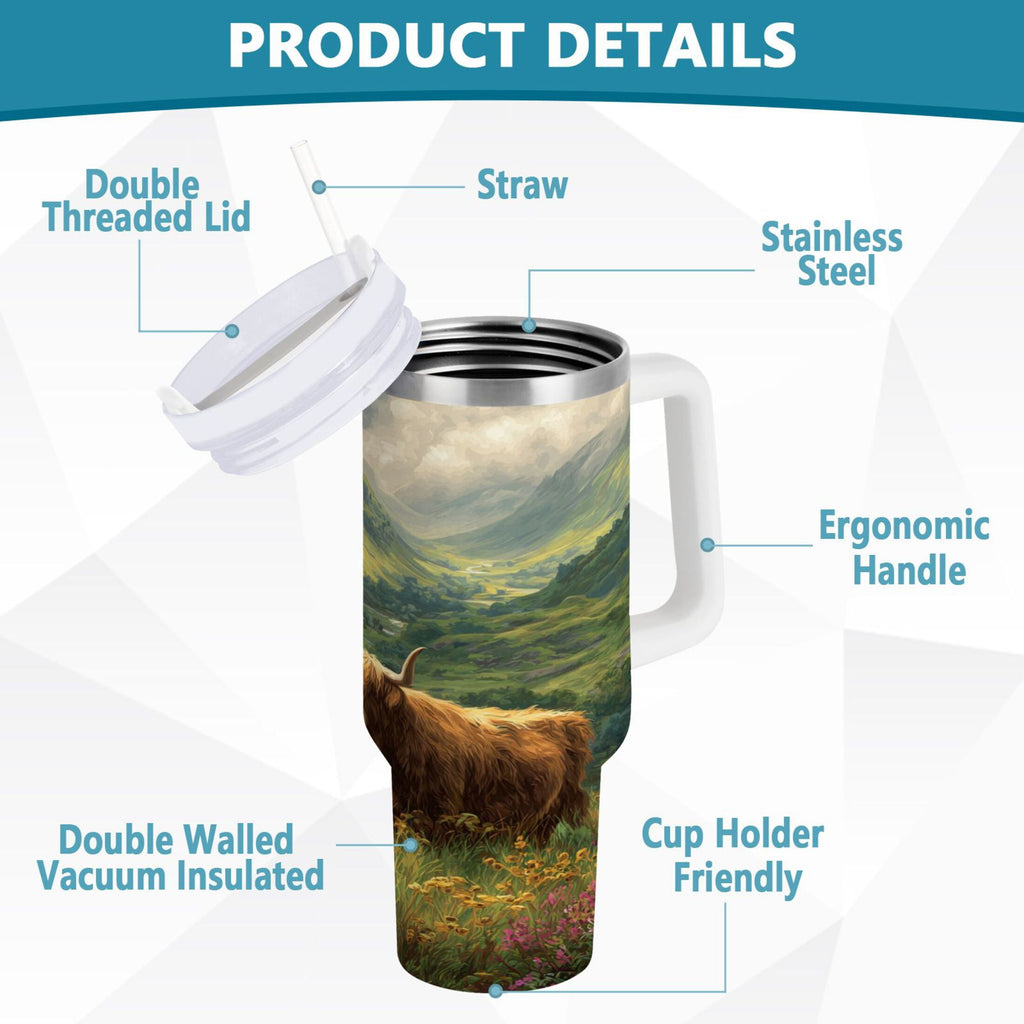 30 oz Insulated Stainless Steel Tumbler Double Wall Stainless Steel Tumbler with 2-Way Drinking Cow in Green Rolling Hills - WSHG