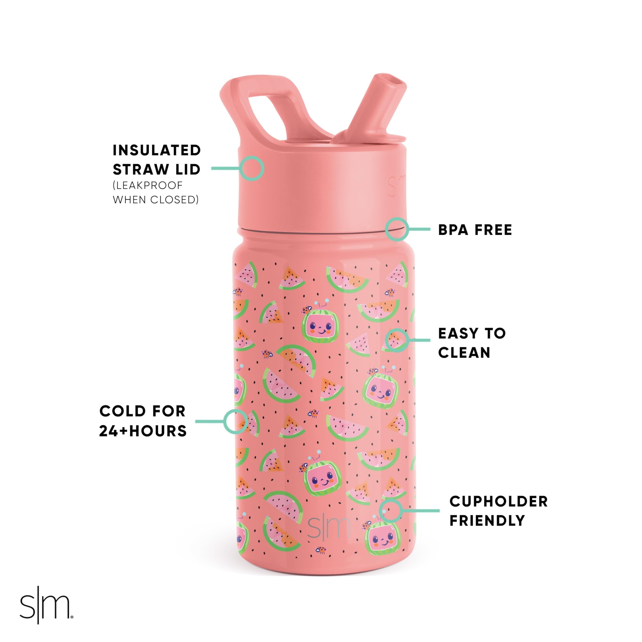 Simple Modern CoComelon Kids Water Bottle with Straw Lid | Insulated Stainless Steel Reusable Tumbler for Toddlers, Girls | Summit Collection | 14oz, CoComelon Pink Melon - QYMU