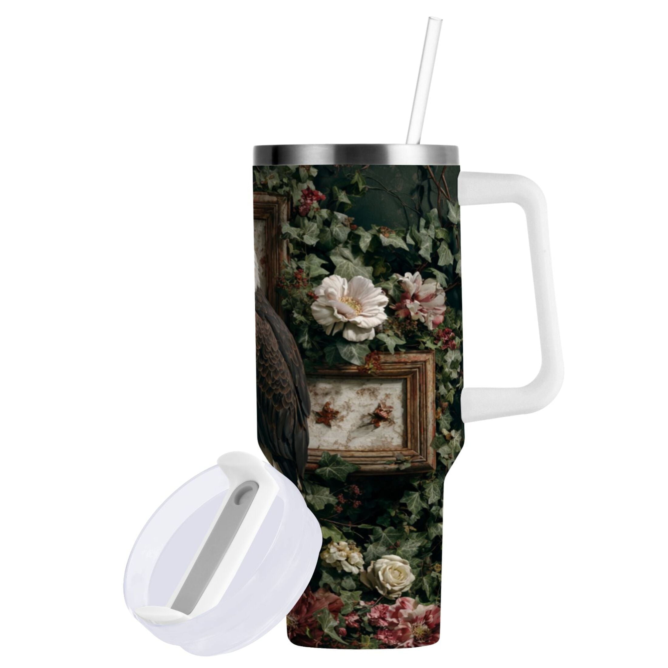 30 oz Insulated Stainless Steel Tumbler Double Wall Stainless Steel Tumbler with 2-Way Drinking Wreath and Bald Eagle - RPQ0