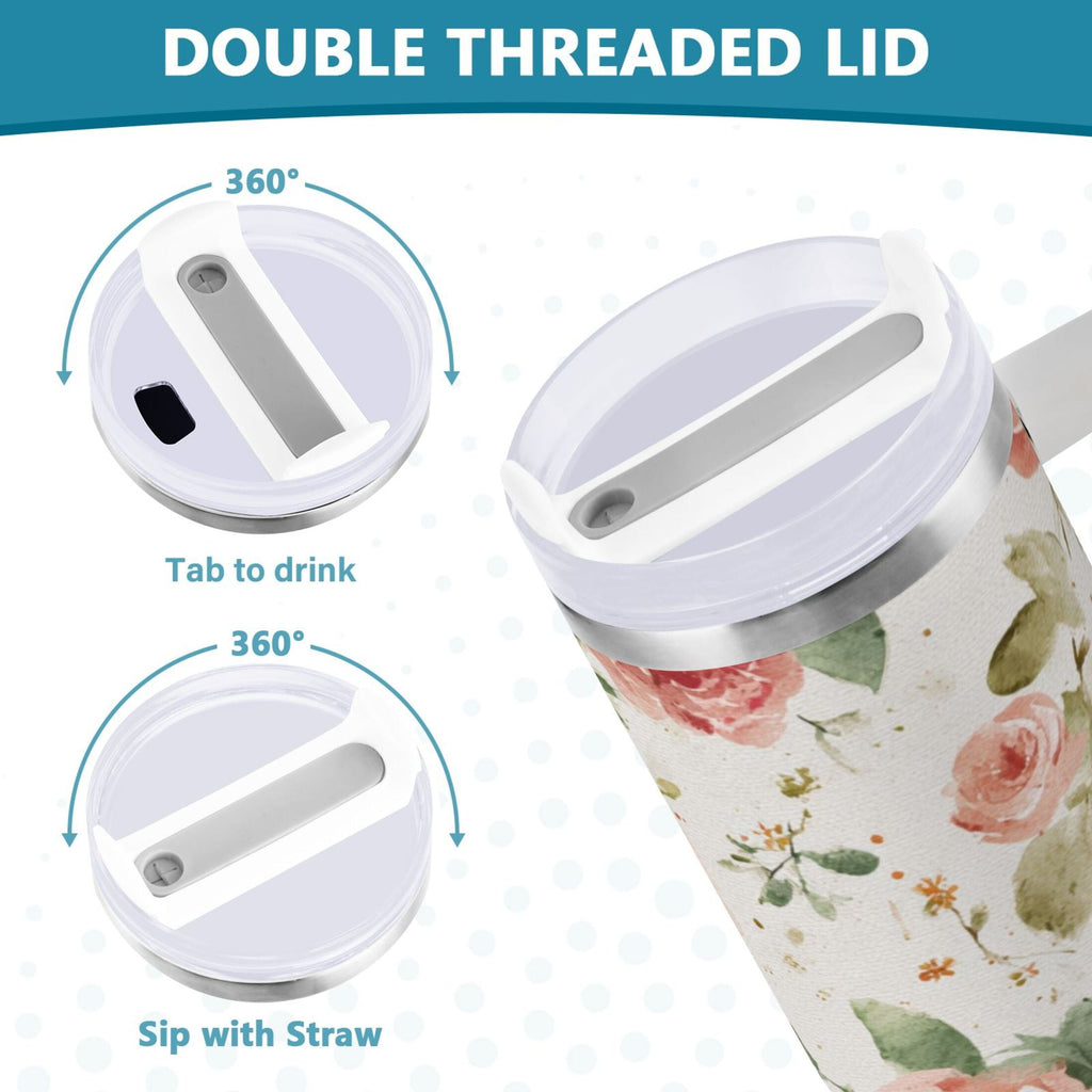 40 oz Insulated Stainless Steel Tumbler Double Wall Stainless Steel Tumbler with 2-Way Drinking Watercolor Rose Floral Pattern - 69D6