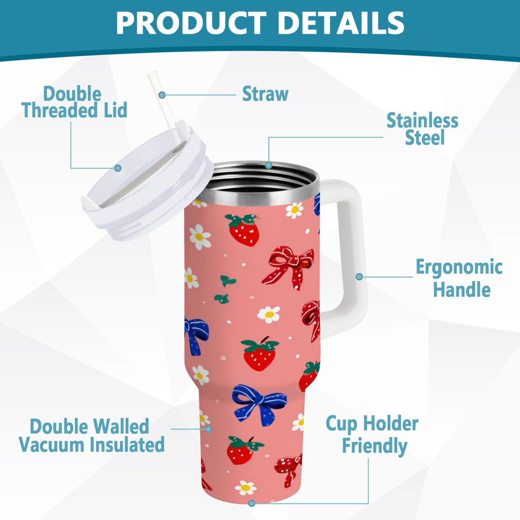 40 oz Insulated Stainless Steel Tumbler Double Wall Stainless Steel Tumbler with 2-Way Drinking Bows and Strawberries Pattern - 4YTT
