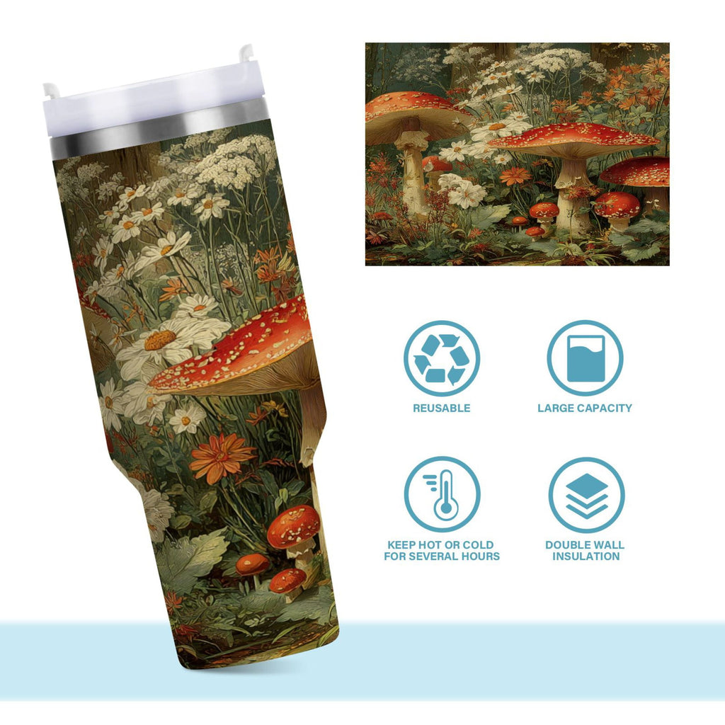 40 oz Insulated Stainless Steel Tumbler Double Wall Stainless Steel Tumbler with 2-Way Drinking Red Mushrooms - 6NTA