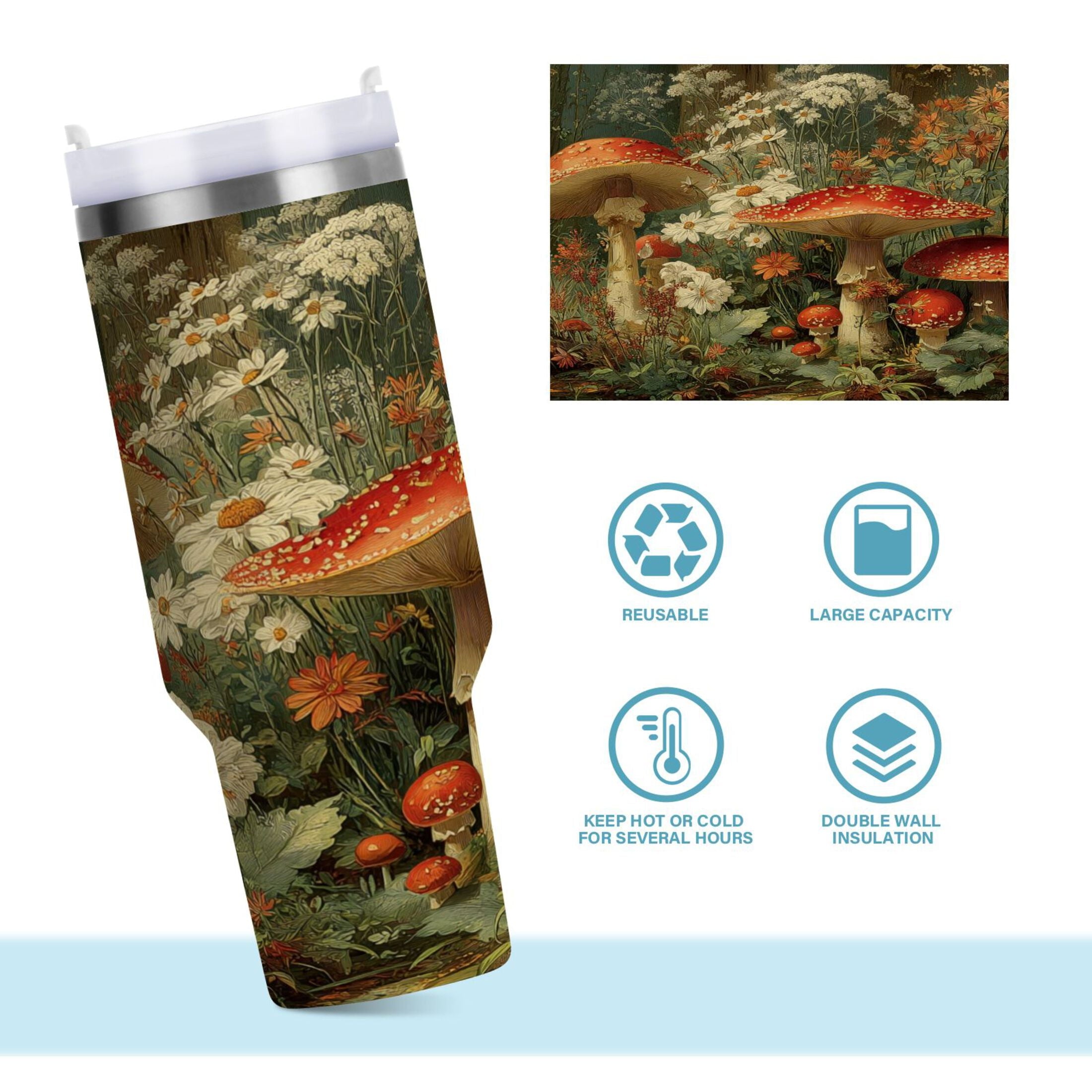 40 oz Insulated Stainless Steel Tumbler Double Wall Stainless Steel Tumbler with 2-Way Drinking Red Mushrooms - 6NTA