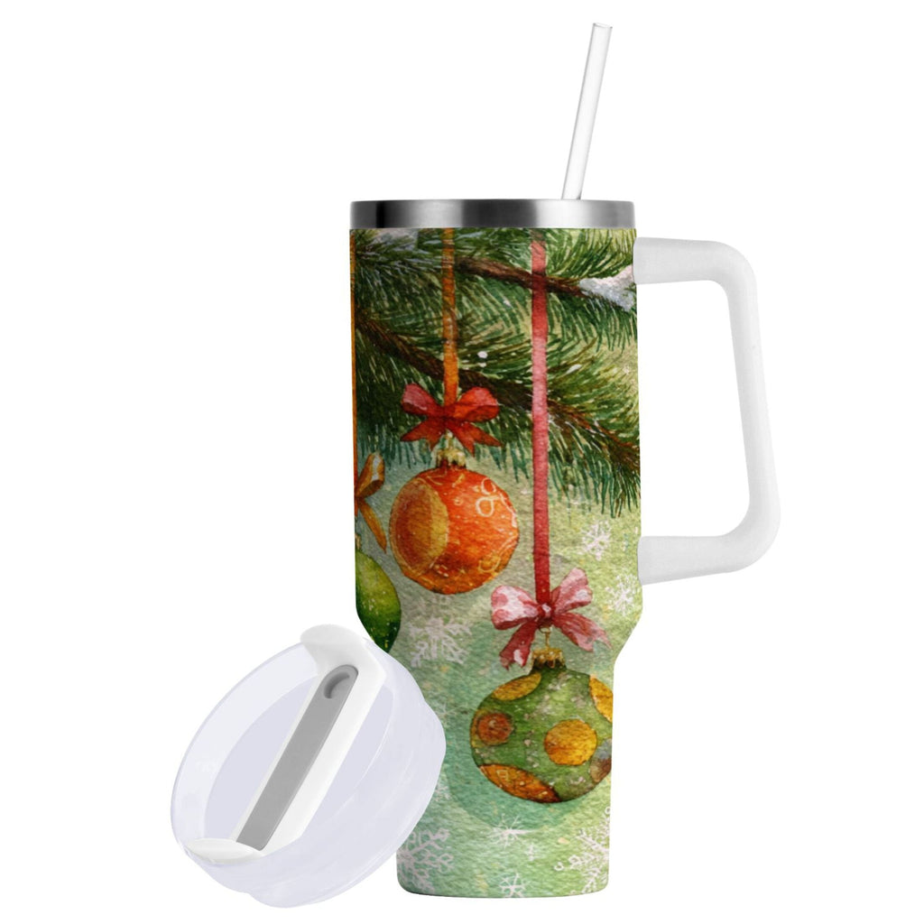 30 oz Insulated Stainless Steel Tumbler Double Wall Stainless Steel Tumbler with 2-Way Drinking Christmas Ornaments Watercolor Painting - D7TJ