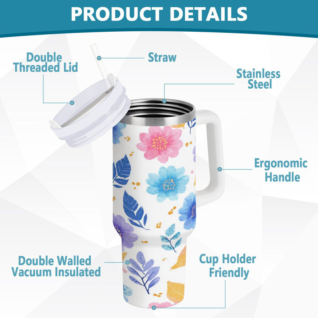 30 oz Insulated Stainless Steel Tumbler Double Wall Stainless Steel Tumbler with 2-Way Drinking Blue and Purple Flowers - 1XFL