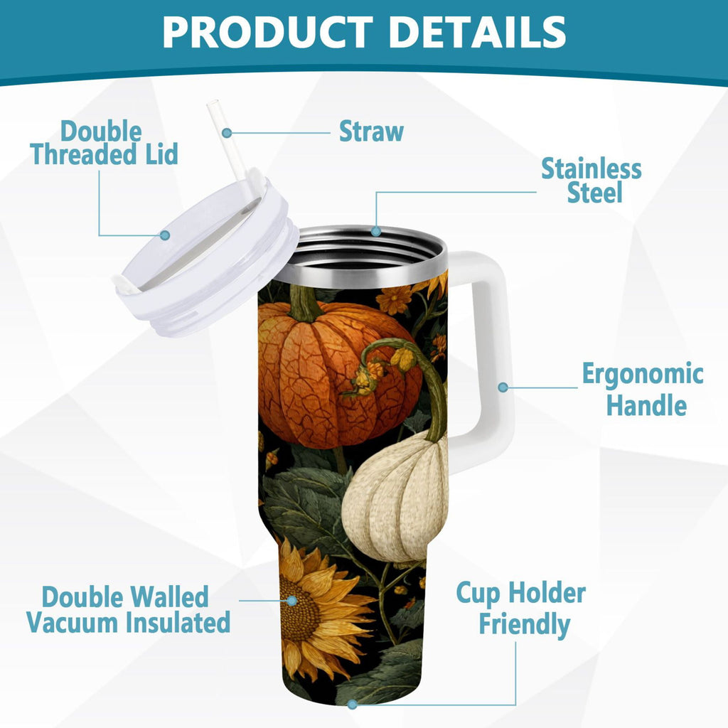40 oz Insulated Stainless Steel Tumbler Double Wall Stainless Steel Tumbler with 2-Way Drinking Pumpkins and Sunflowers Pattern - 8WLD