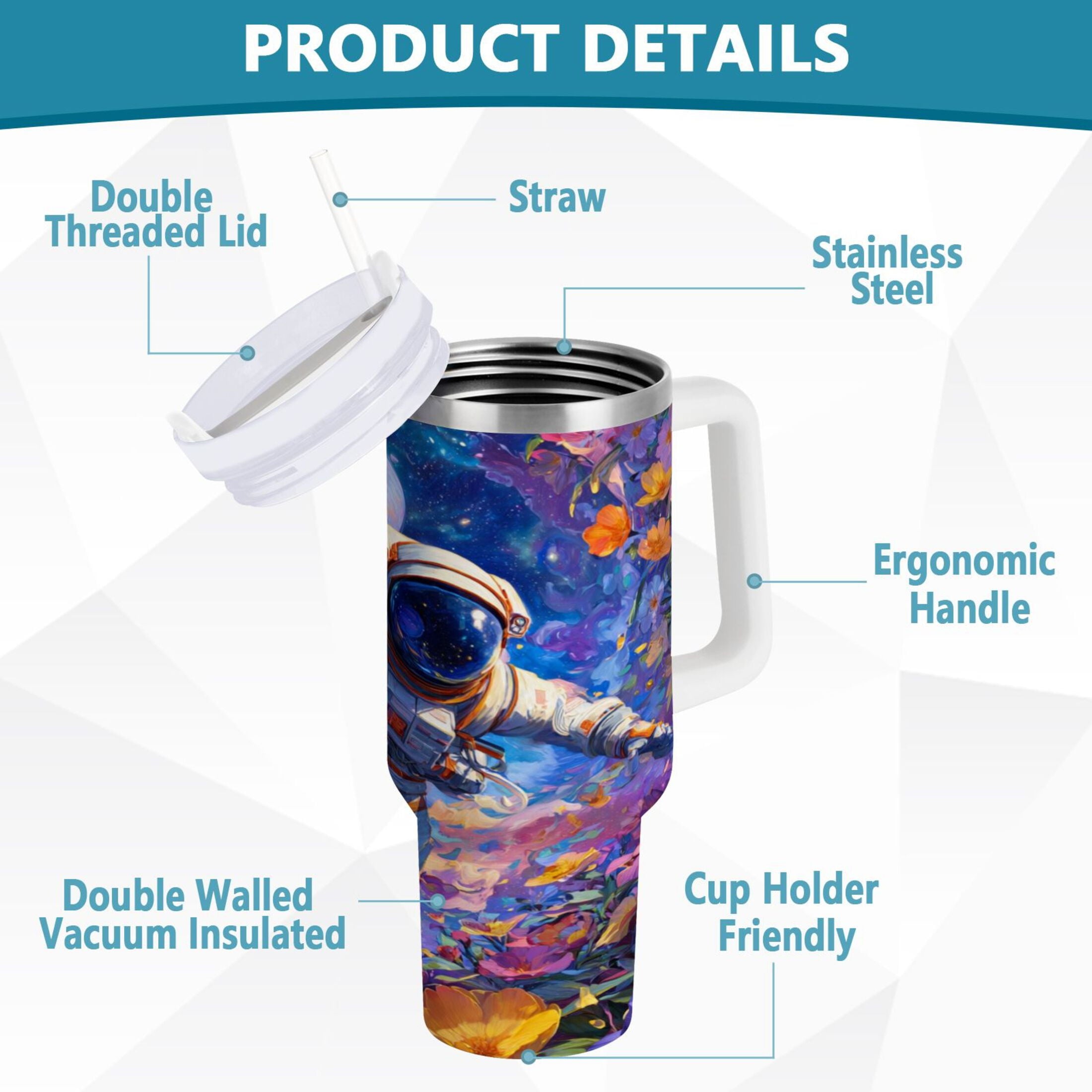 40 oz Insulated Stainless Steel Tumbler Double Wall Stainless Steel Tumbler with 2-Way Drinking Astronaut and Colorful Flowers - AYMO