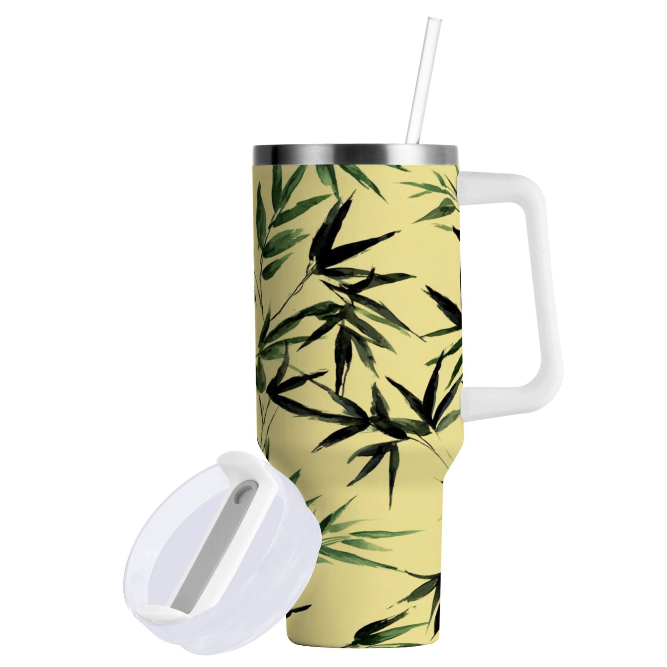 30 oz Insulated Stainless Steel Tumbler Double Wall Stainless Steel Tumbler with 2-Way Drinking Bamboo and Green Leaves - G009