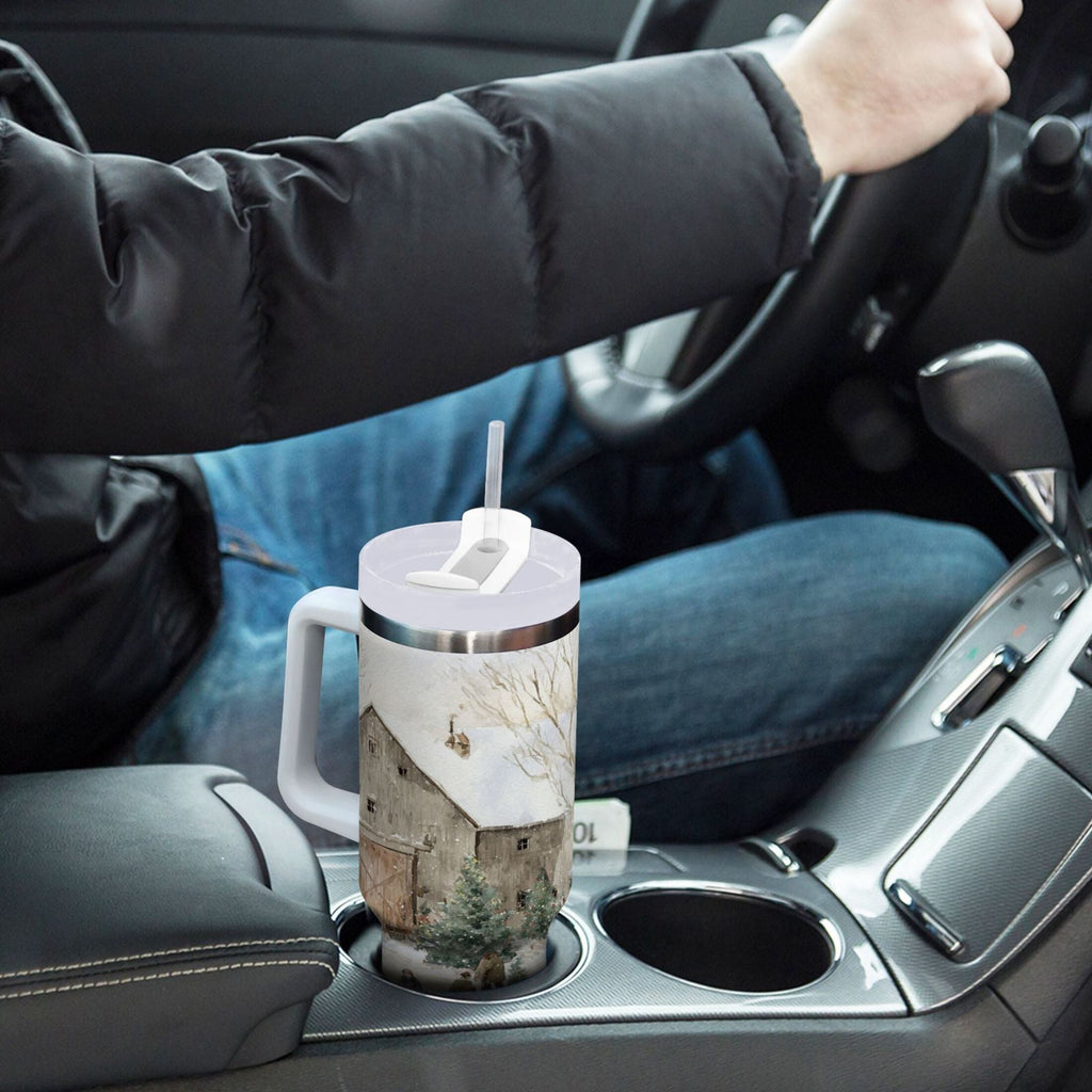 40 oz Insulated Stainless Steel Tumbler Double Wall Stainless Steel Tumbler with 2-Way Drinking Farm Snow Scene - M2B0