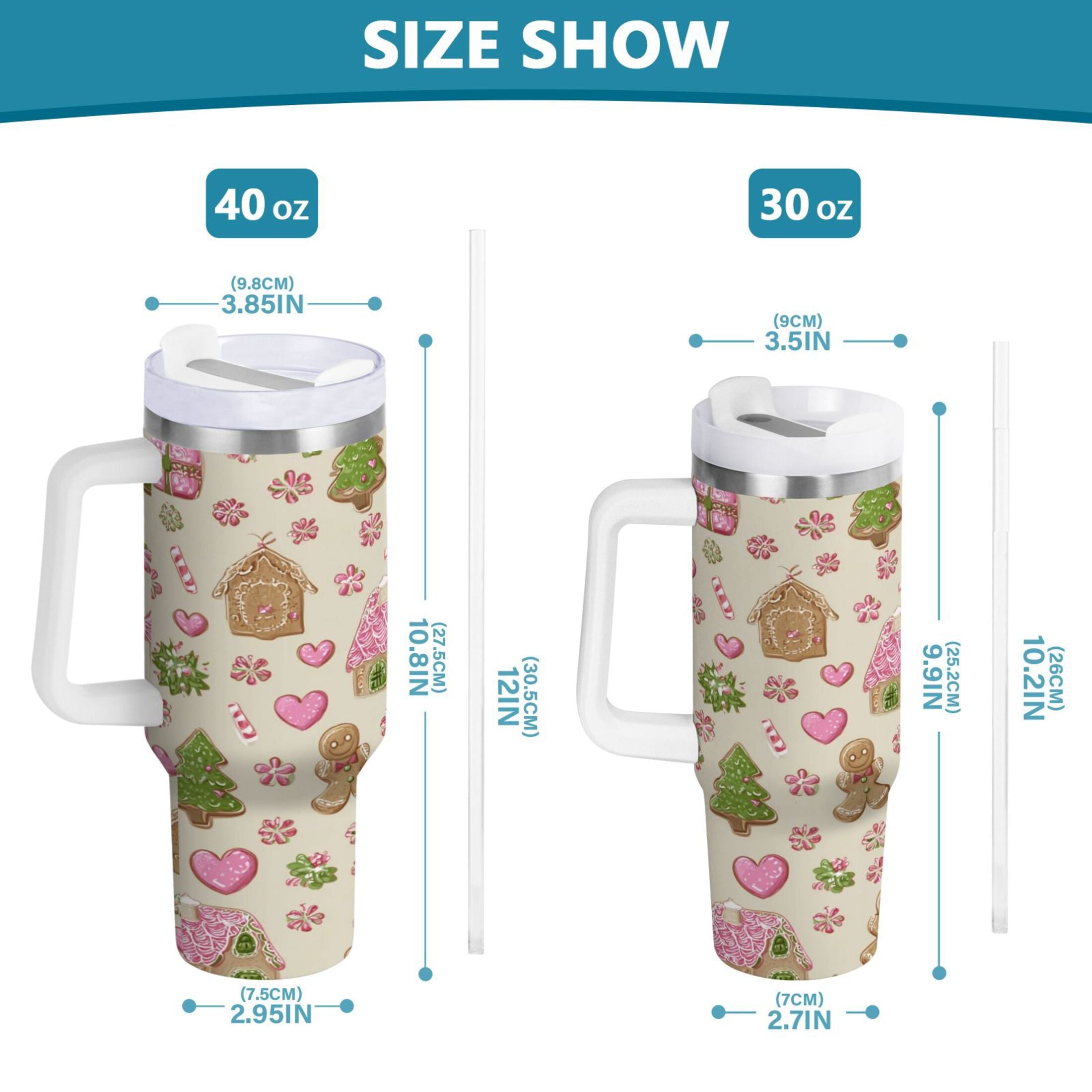 40 oz Insulated Stainless Steel Tumbler Double Wall Stainless Steel Tumbler with 2-Way Drinking Pink Cute Christmas Pattern - 5O69