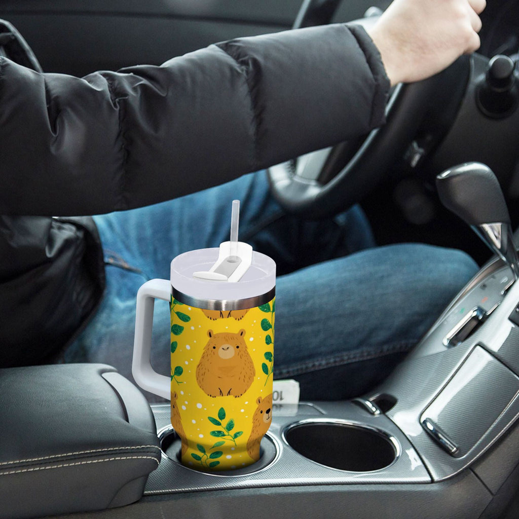 30 oz Insulated Stainless Steel Tumbler Double Wall Stainless Steel Tumbler with 2-Way Drinking Capybara and Green Leaves - VC8M