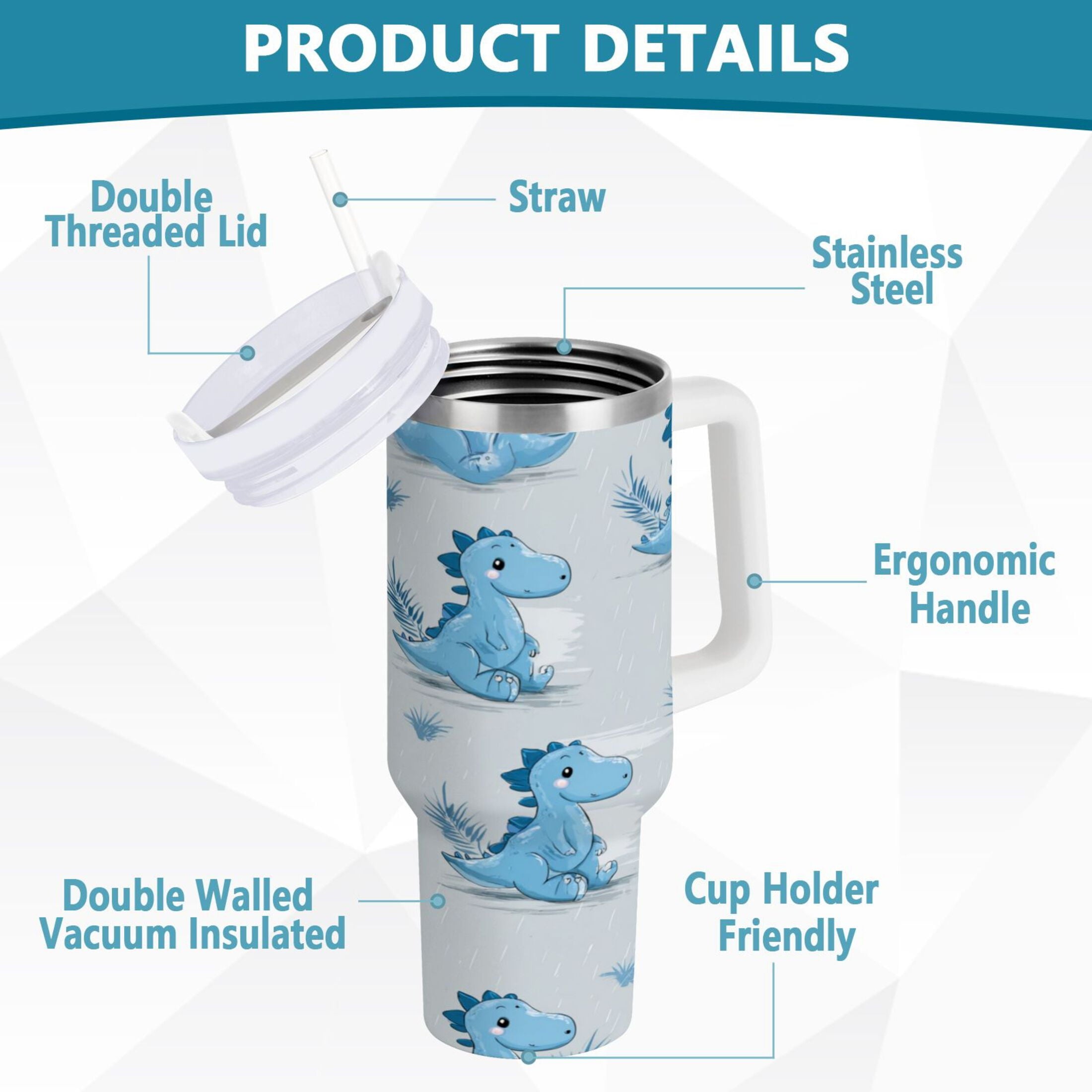 30 oz Insulated Stainless Steel Tumbler Double Wall Stainless Steel Tumbler with 2-Way Drinking Cartoon Blue Dinosaurs - A1AT