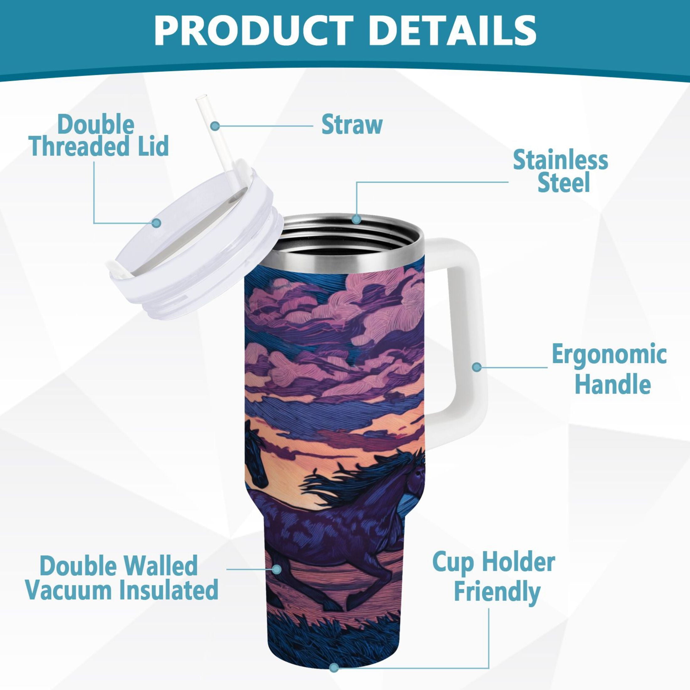 40 oz Insulated Stainless Steel Tumbler Double Wall Stainless Steel Tumbler with 2-Way Drinking Wild Horses Running - F54D