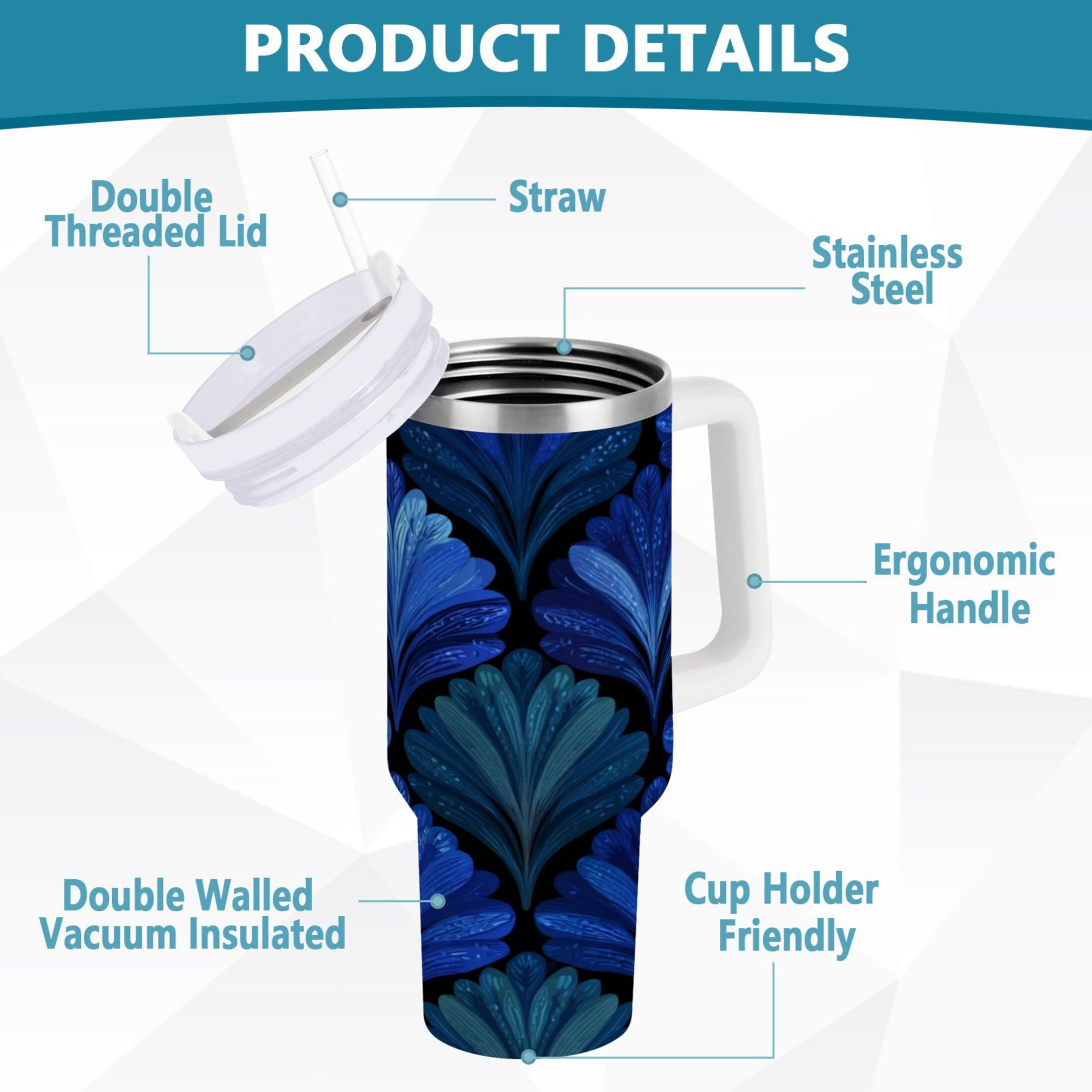 30 oz Insulated Stainless Steel Tumbler Double Wall Stainless Steel Tumbler with 2-Way Drinking Blue Batik Leaves Pattern - HXC9