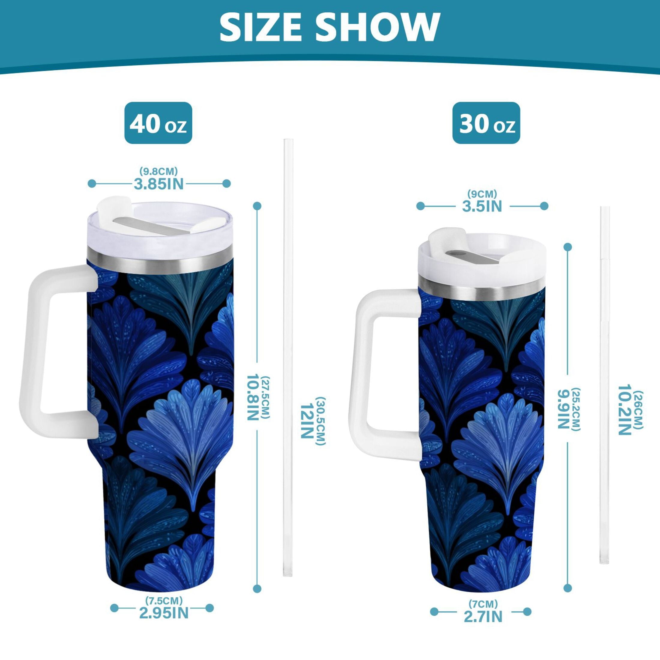 30 oz Insulated Stainless Steel Tumbler Double Wall Stainless Steel Tumbler with 2-Way Drinking Blue Batik Leaves Pattern - HXC9