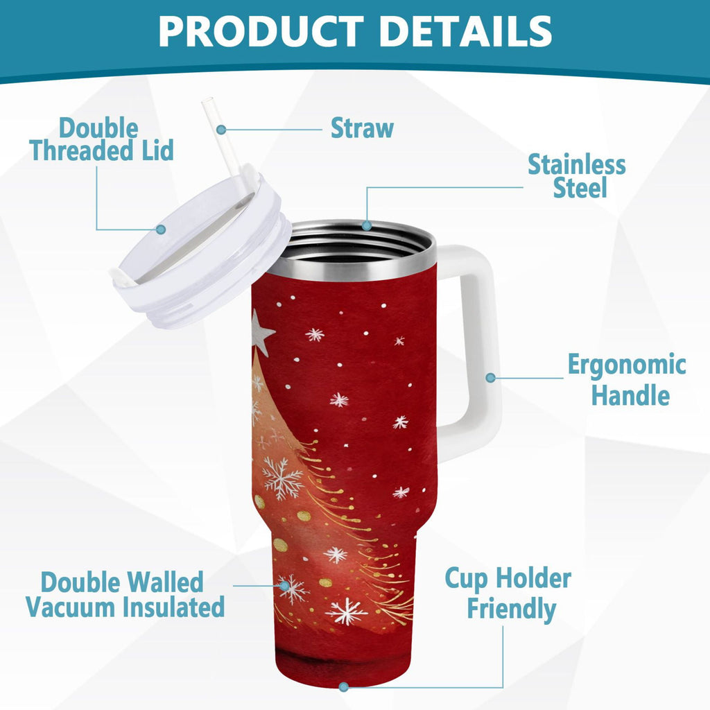 40 oz Insulated Stainless Steel Tumbler Double Wall Stainless Steel Tumbler with 2-Way Drinking Red Christmas Tree - 40FE