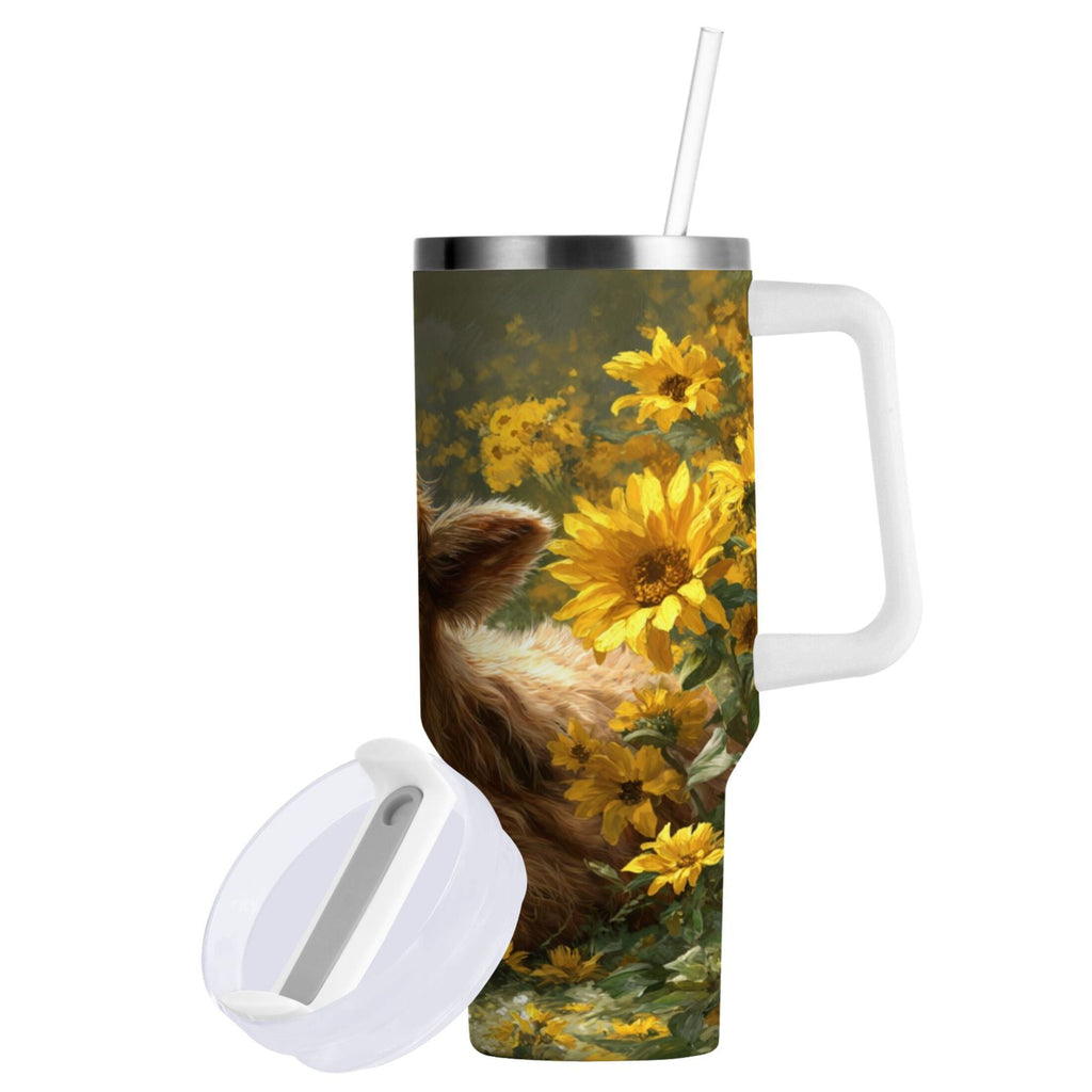 40 oz Insulated Stainless Steel Tumbler Double Wall Stainless Steel Tumbler with 2-Way Drinking Cow Lying in Sunflowers - R1KL
