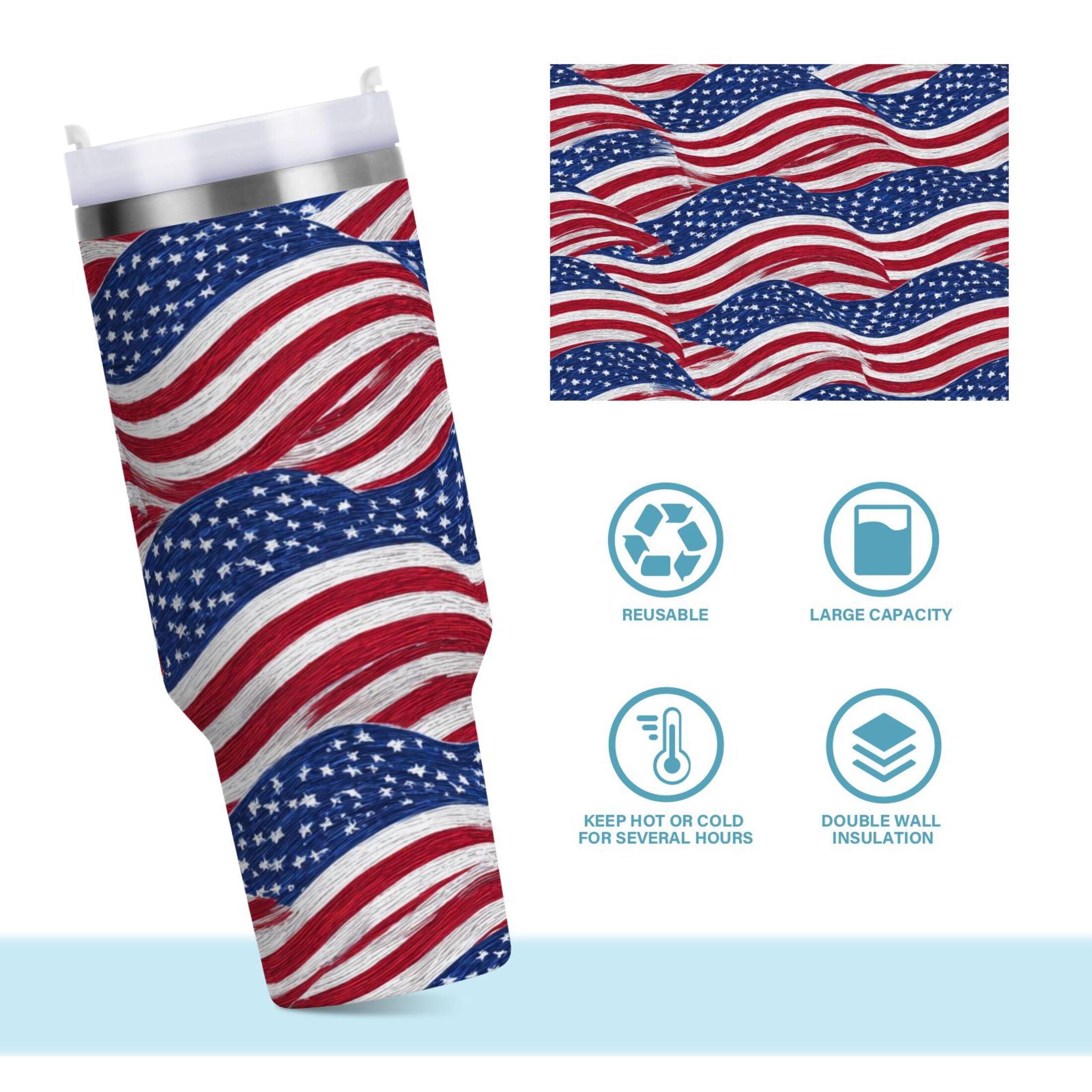30 oz Insulated Stainless Steel Tumbler Double Wall Stainless Steel Tumbler with 2-Way Drinking Flags Wave Pattern - F6YR