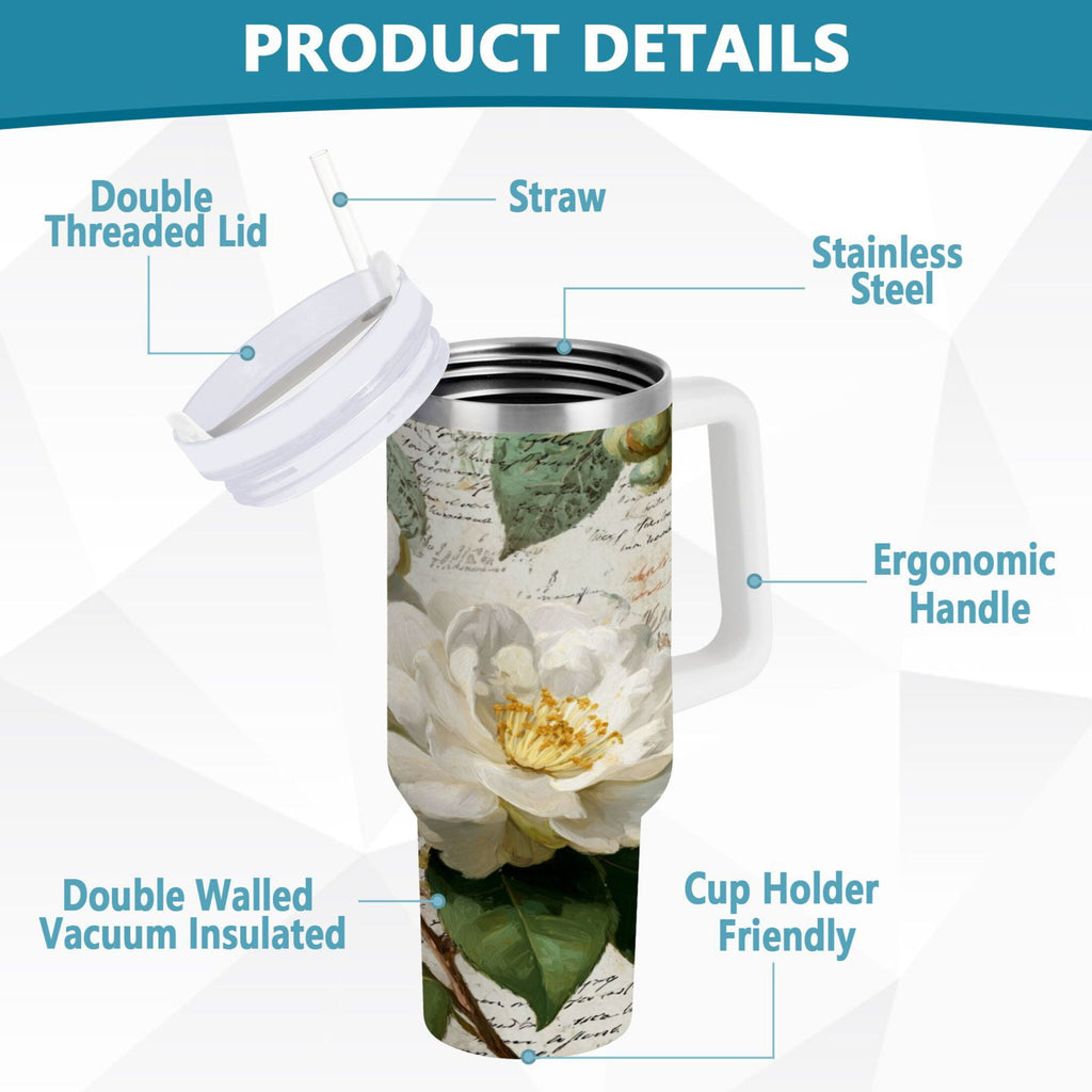 40 oz Insulated Stainless Steel Tumbler Double Wall Stainless Steel Tumbler with 2-Way Drinking Vintage White Camellias - ULA6