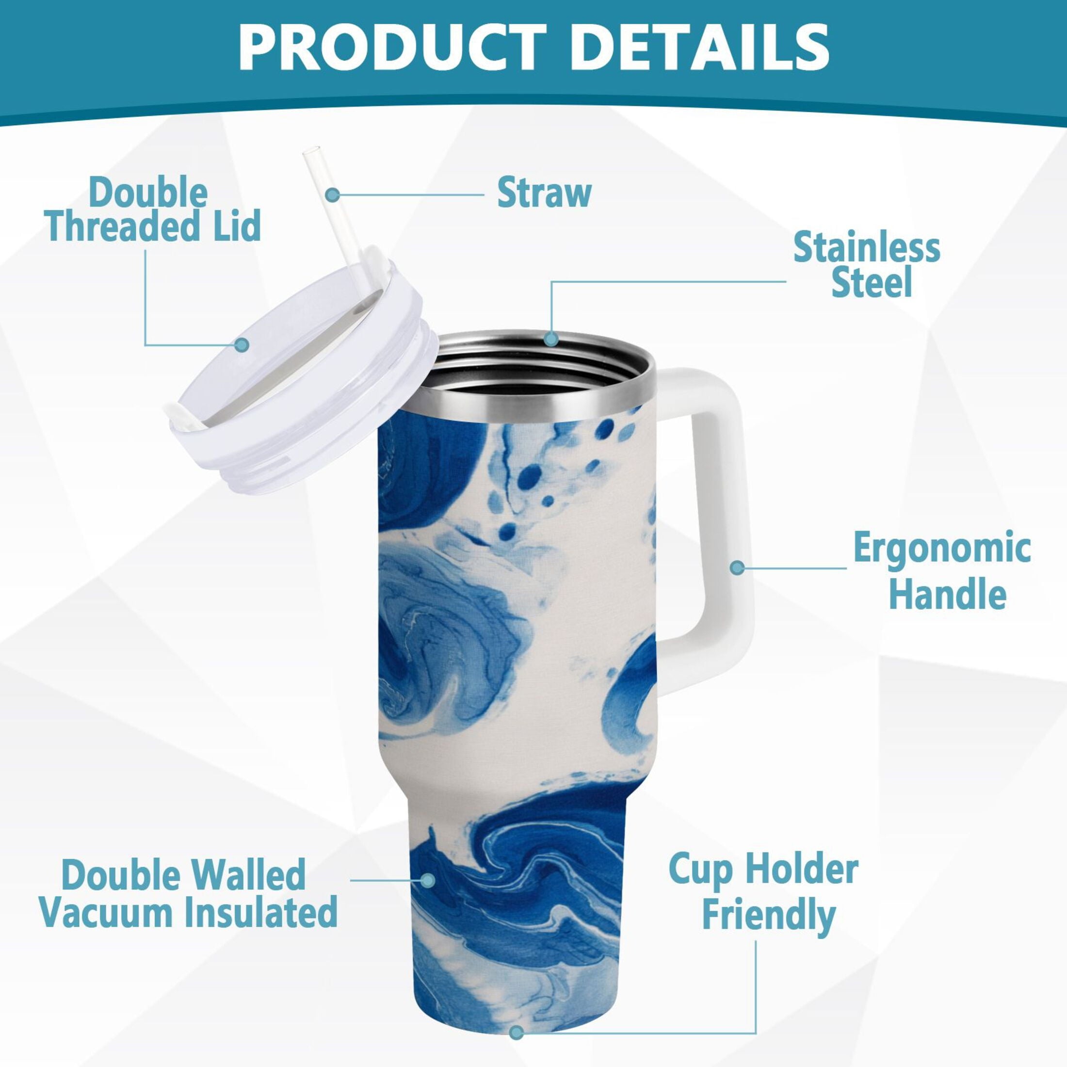 40 oz Insulated Stainless Steel Tumbler Double Wall Stainless Steel Tumbler with 2-Way Drinking Indigo Blue Tie-dye Pattern - AU7X