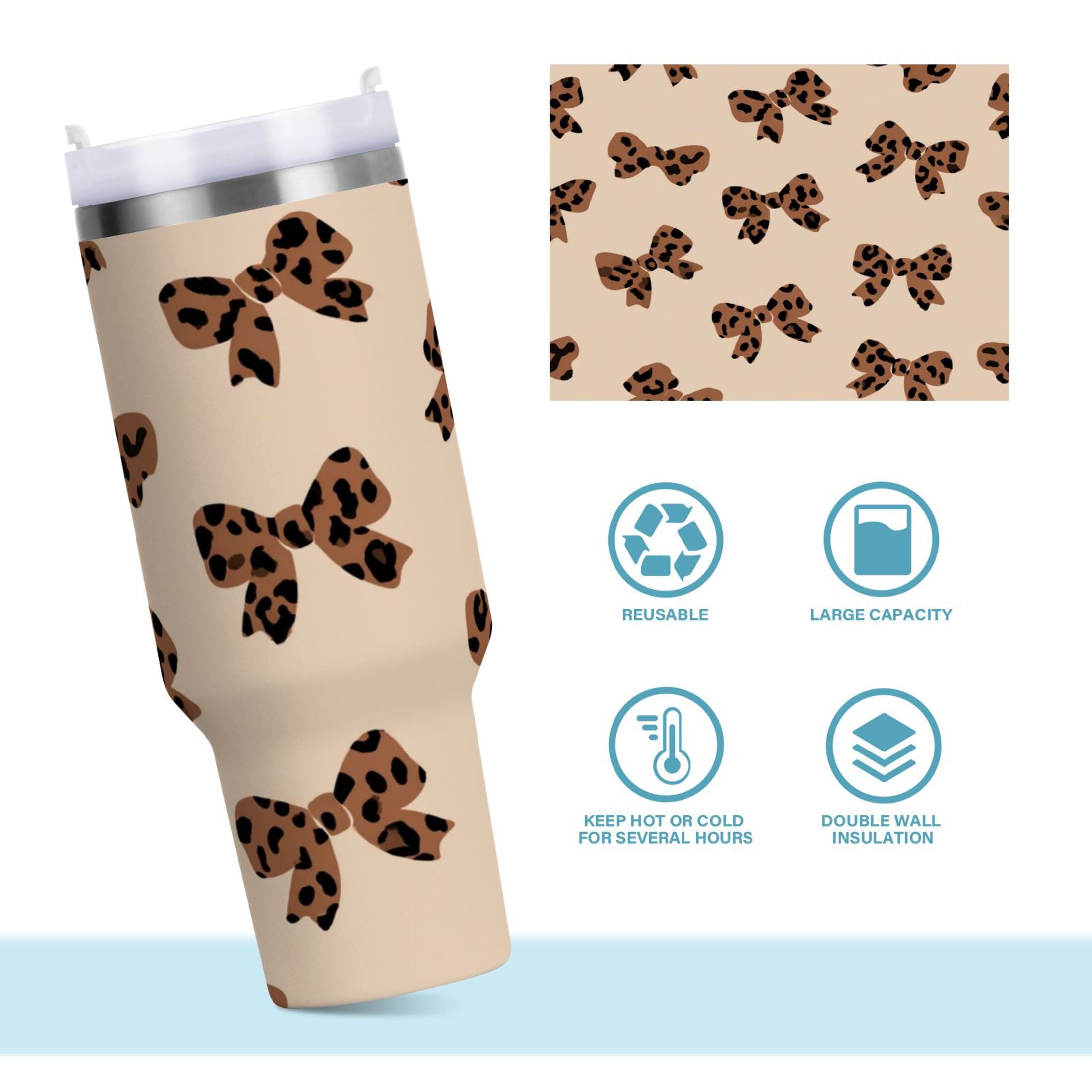 30 oz Insulated Stainless Steel Tumbler Double Wall Stainless Steel Tumbler with 2-Way Drinking Cute Brown Bow - JVIT