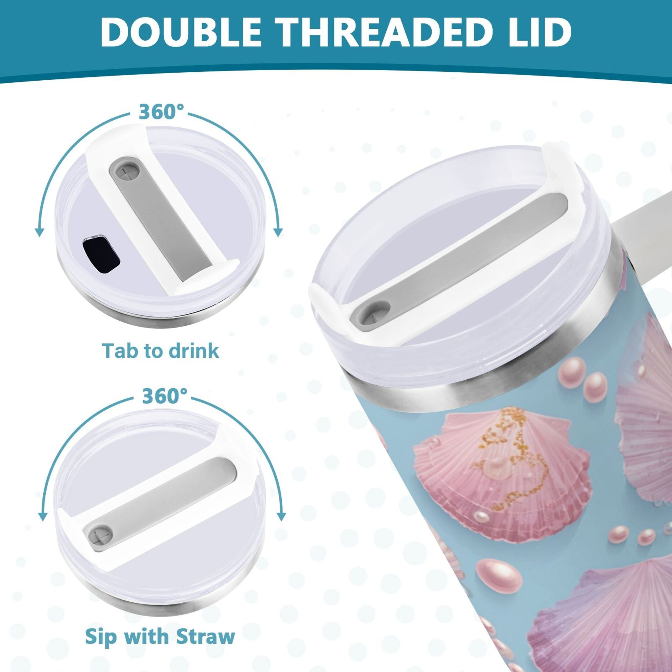 40 oz Insulated Stainless Steel Tumbler Double Wall Stainless Steel Tumbler with 2-Way Drinking Seashells and Pearls Pattern - XY5S