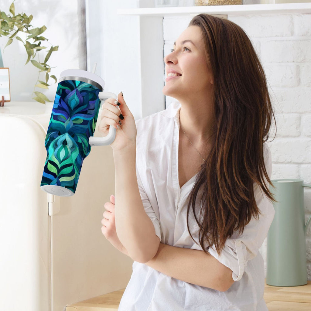 40 oz Insulated Stainless Steel Tumbler Double Wall Stainless Steel Tumbler with 2-Way Drinking Elegant Blue Abstract Shapes - FWFT