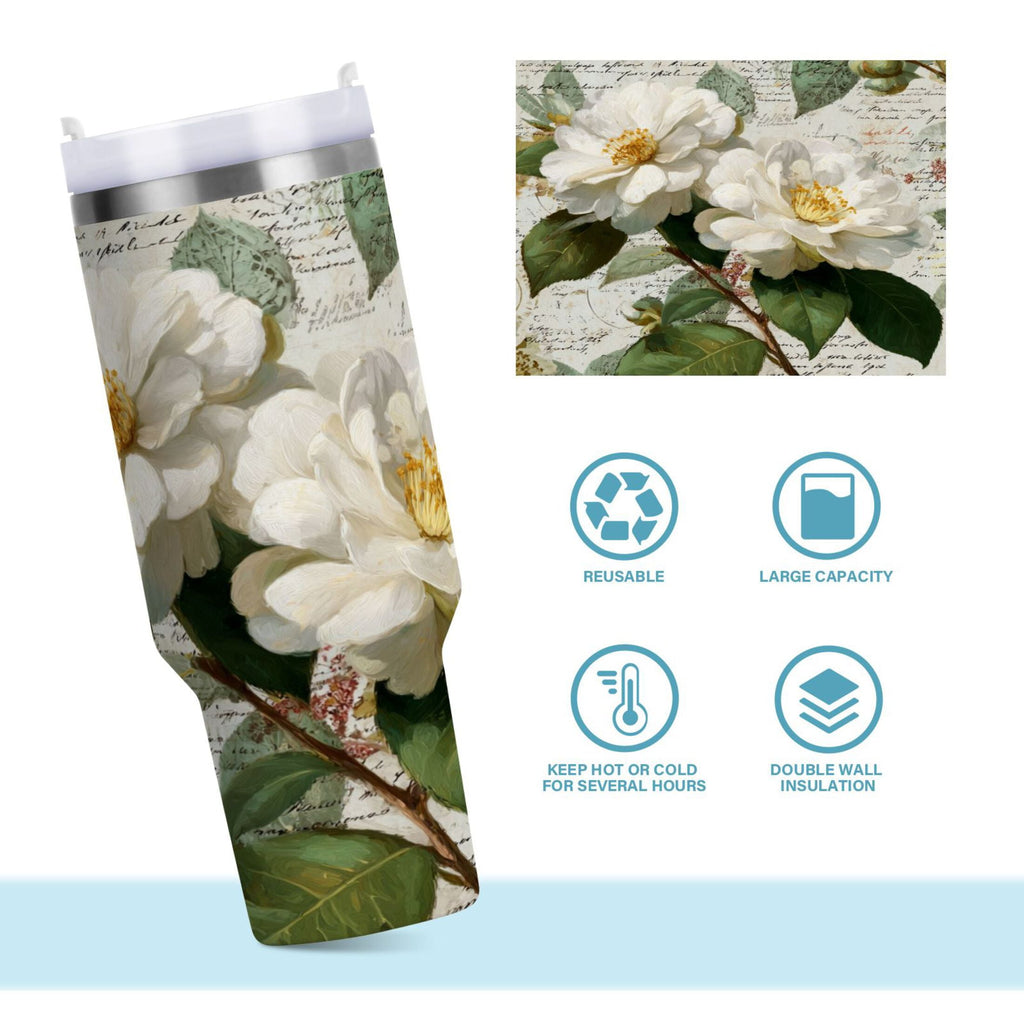 40 oz Insulated Stainless Steel Tumbler Double Wall Stainless Steel Tumbler with 2-Way Drinking Vintage White Camellias - ULA6