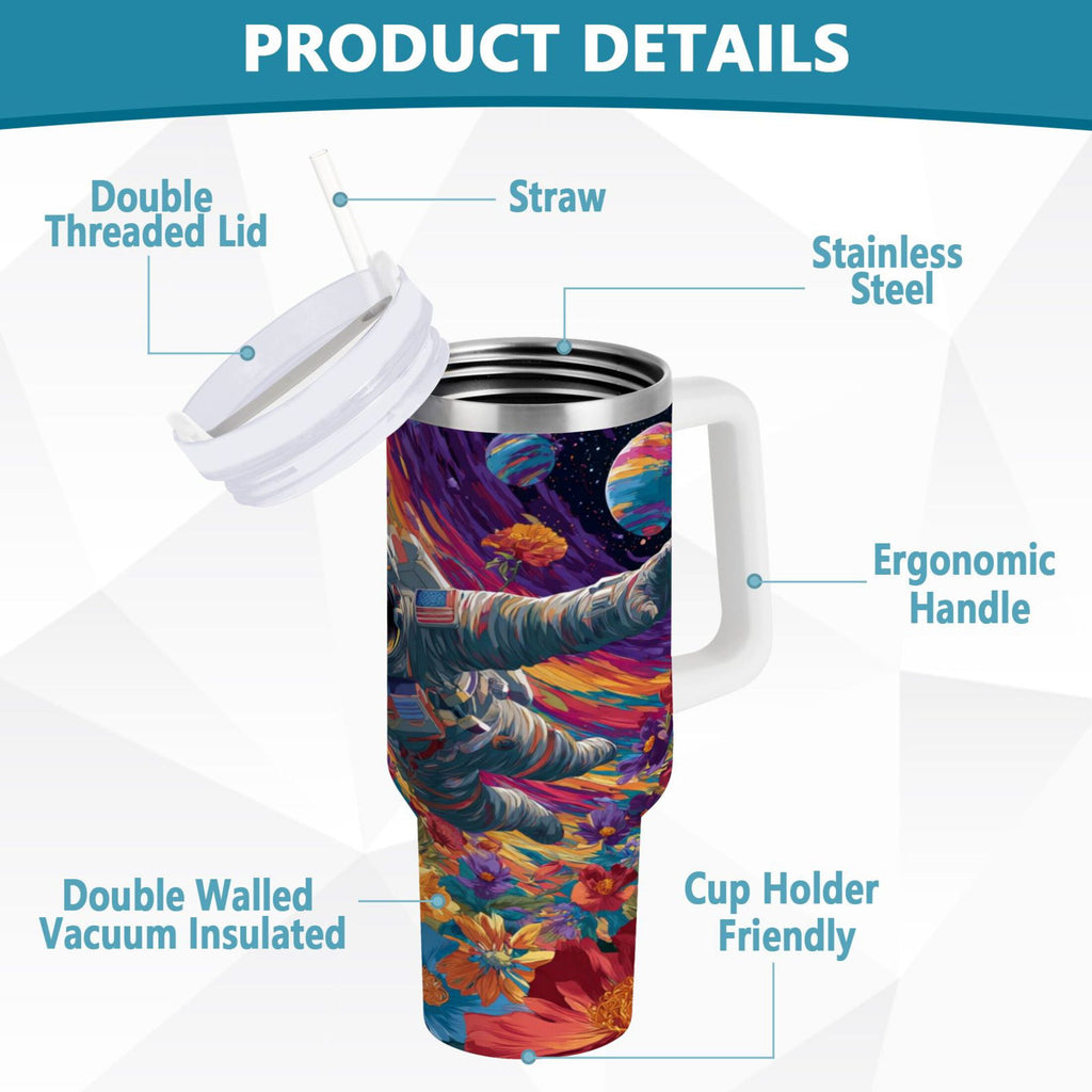 40 oz Insulated Stainless Steel Tumbler Double Wall Stainless Steel Tumbler with 2-Way Drinking Colorful Flowers and Planets - VVEF