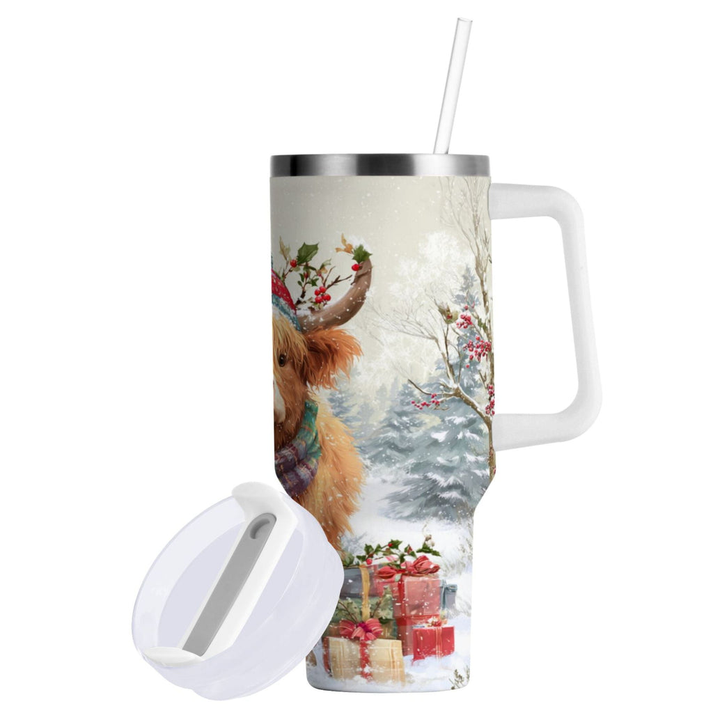 30 oz Insulated Stainless Steel Tumbler Double Wall Stainless Steel Tumbler with 2-Way Drinking Cow Wearing Christmas Hat - QIV6