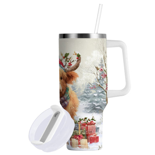 30 oz Insulated Stainless Steel Tumbler Double Wall Stainless Steel Tumbler with 2-Way Drinking Cow Wearing Christmas Hat - QIV6