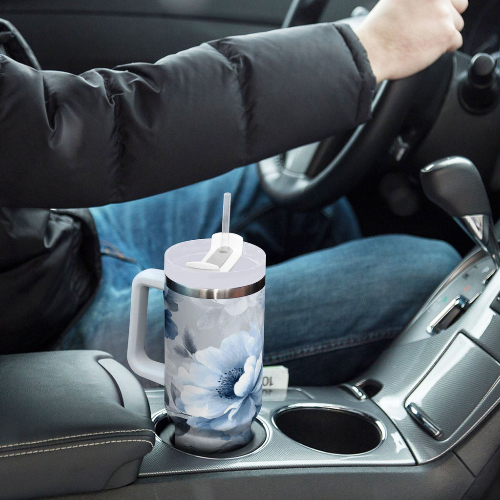 40 oz Insulated Stainless Steel Tumbler Double Wall Stainless Steel Tumbler with 2-Way Drinking White Floral Pattern - E4A2