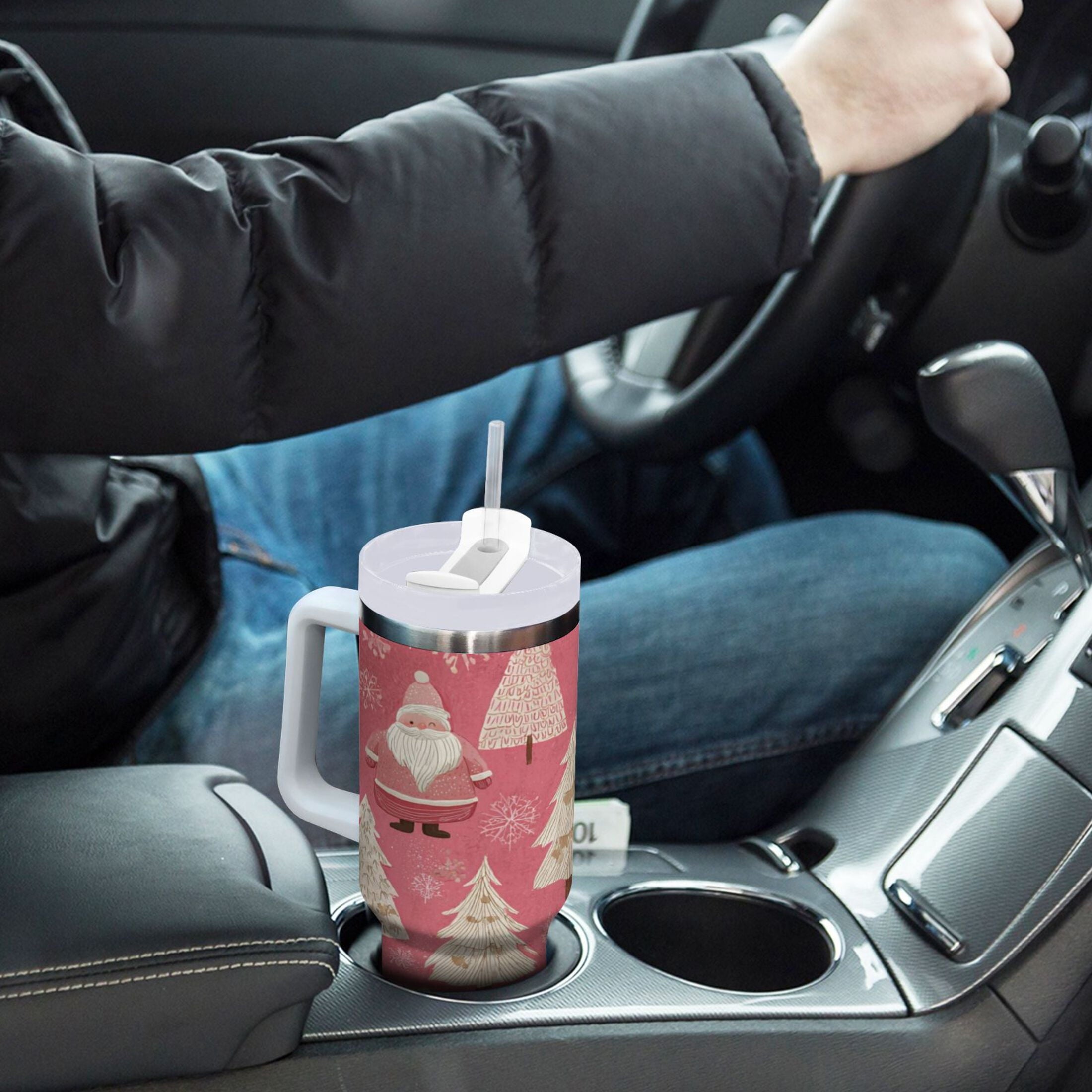 40 oz Insulated Stainless Steel Tumbler Double Wall Stainless Steel Tumbler with 2-Way Drinking Pink Santa Claus Pattern - SZTV