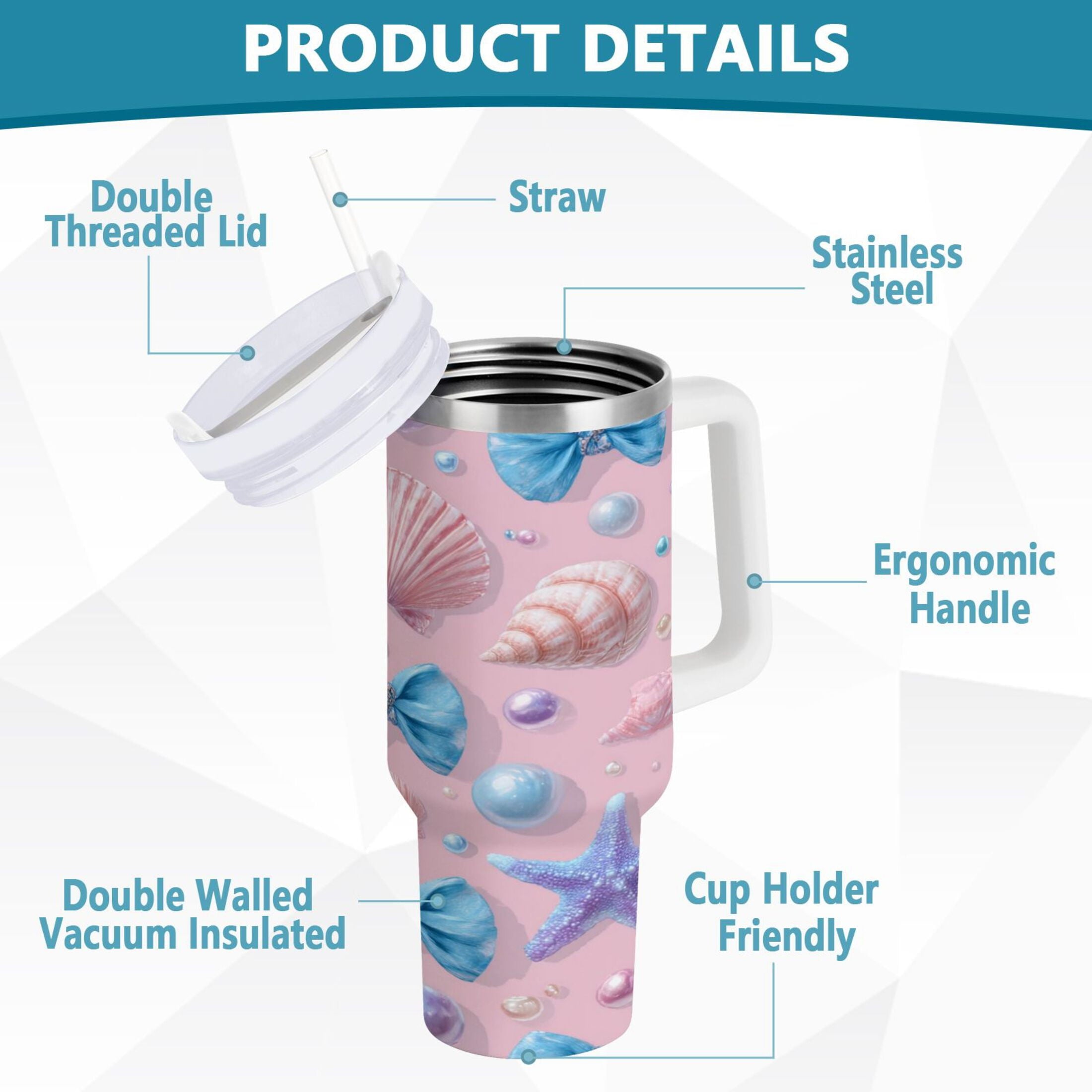 30 oz Insulated Stainless Steel Tumbler Double Wall Stainless Steel Tumbler with 2-Way Drinking Seashells and Bows - P6YC