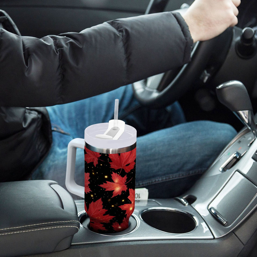 40 oz Insulated Stainless Steel Tumbler Double Wall Stainless Steel Tumbler with 2-Way Drinking Maple Leaves and Fireflies - QT9C