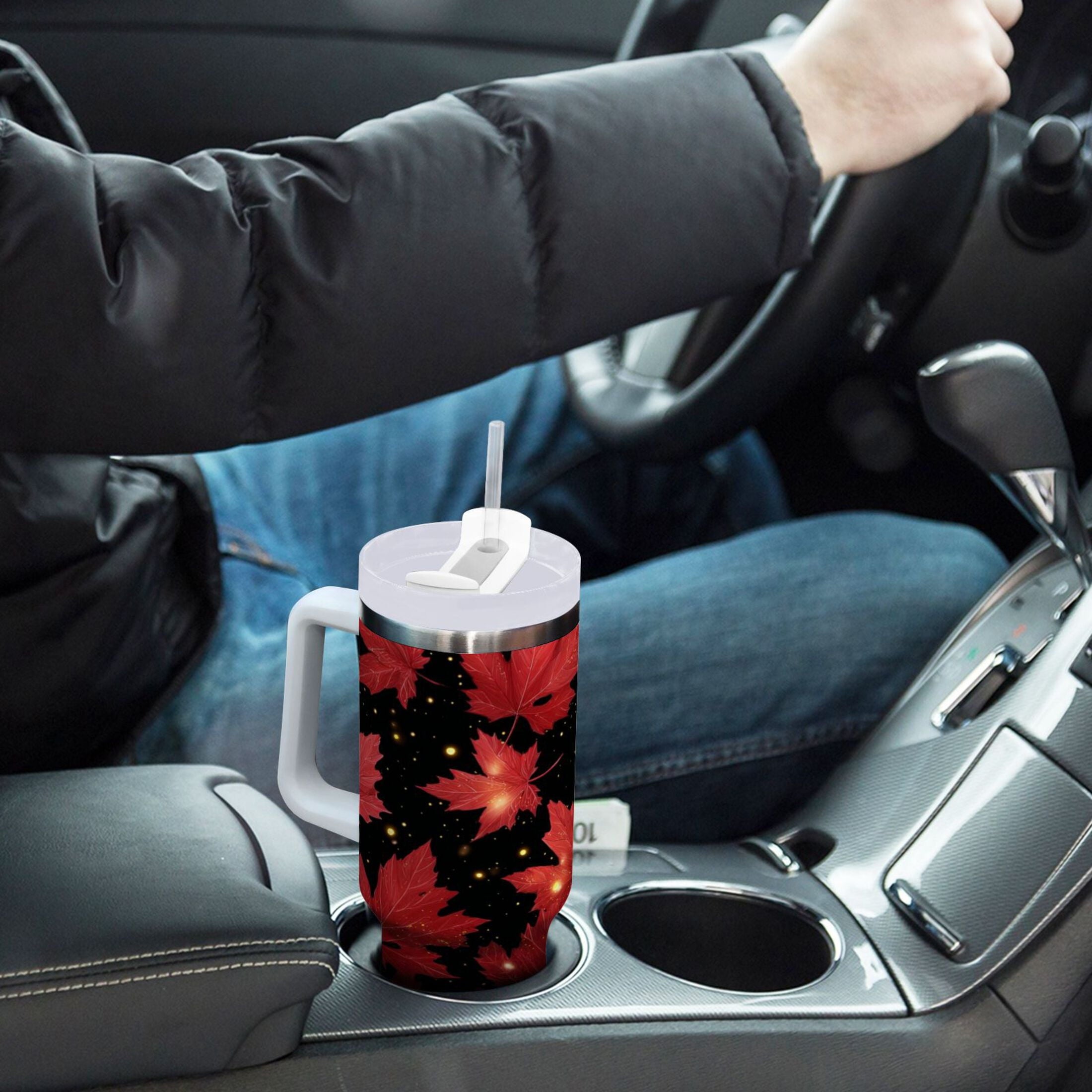 40 oz Insulated Stainless Steel Tumbler Double Wall Stainless Steel Tumbler with 2-Way Drinking Maple Leaves and Fireflies - QT9C