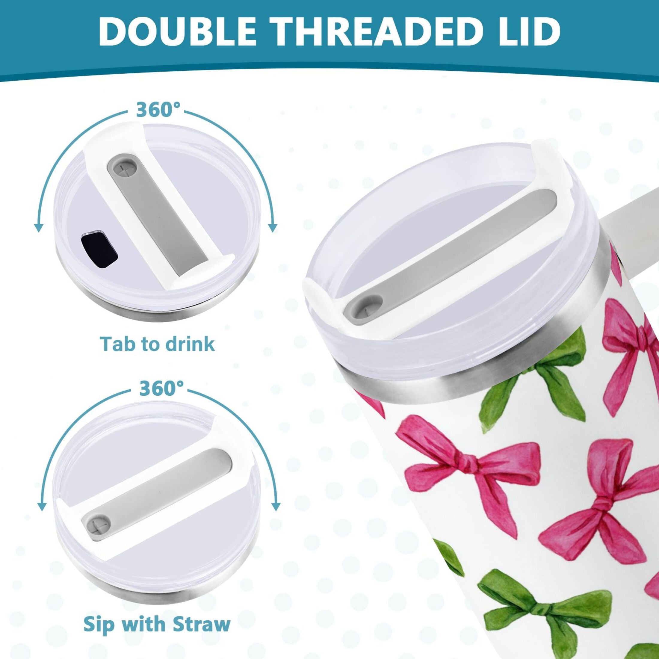 30 oz Insulated Stainless Steel Tumbler Double Wall Stainless Steel Tumbler with 2-Way Drinking Pink Bows and Green Ribbons - I8I8