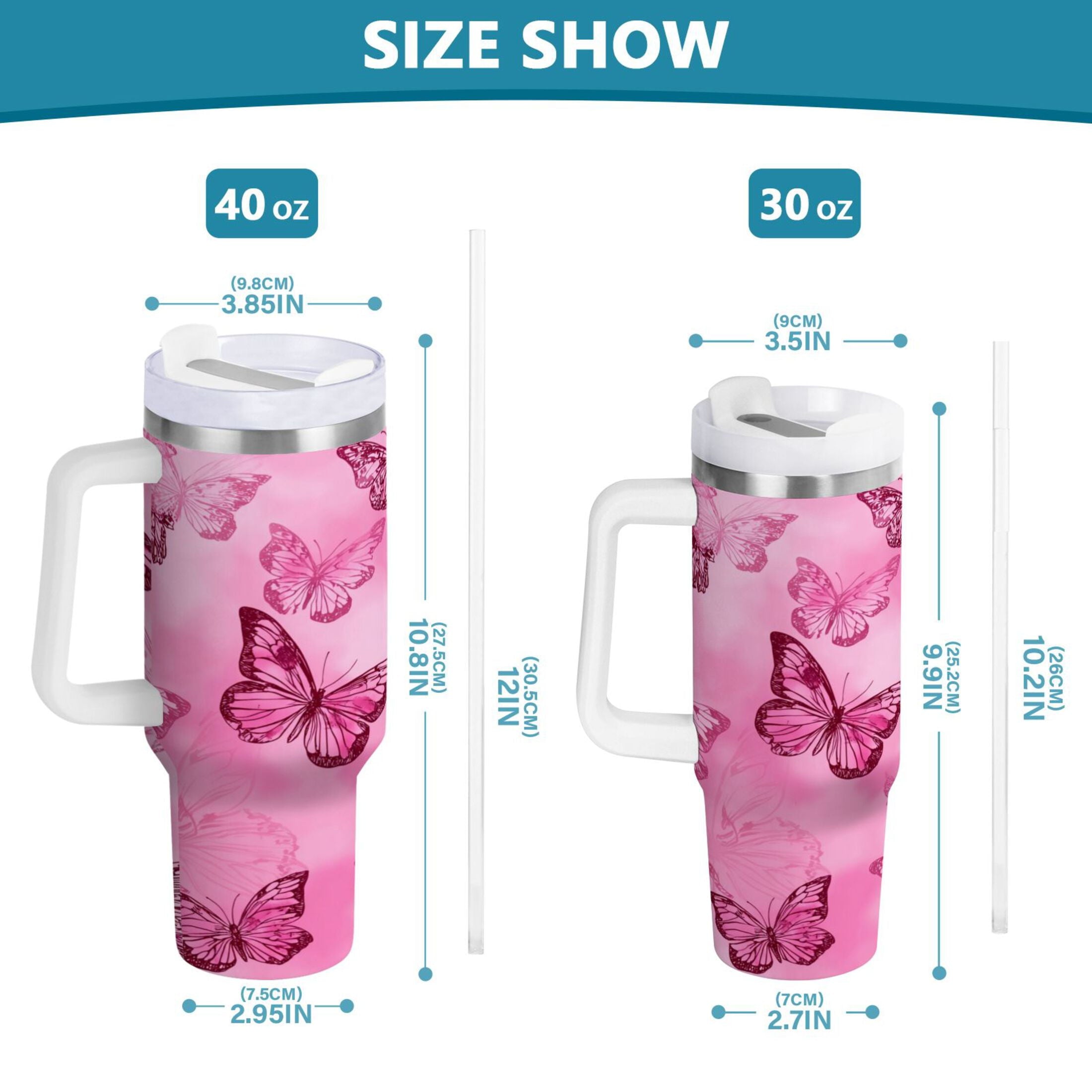 40 oz Insulated Stainless Steel Tumbler Double Wall Stainless Steel Tumbler with 2-Way Drinking Pink Butterfly Pattern - FMB4