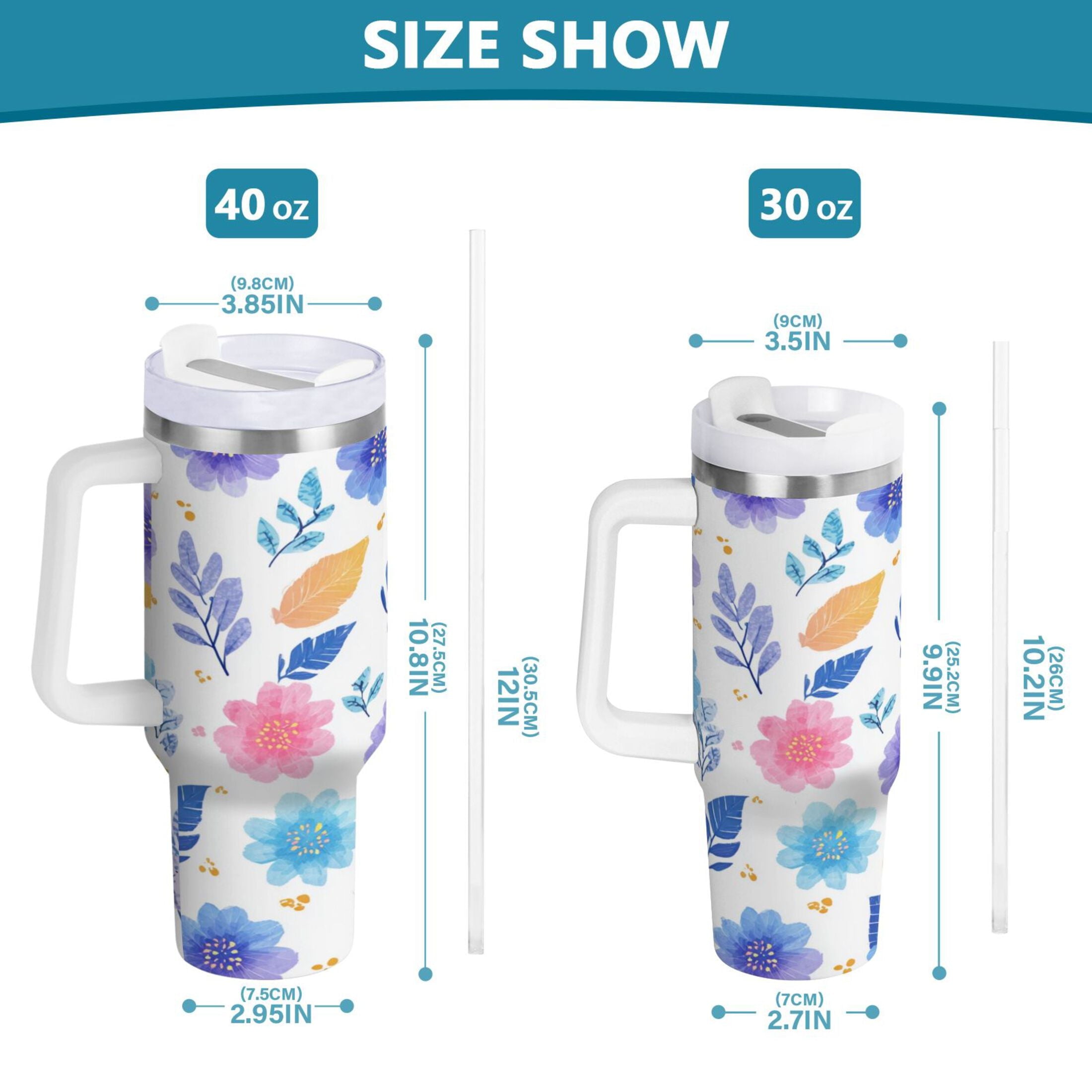 30 oz Insulated Stainless Steel Tumbler Double Wall Stainless Steel Tumbler with 2-Way Drinking Blue and Purple Flowers - 1XFL