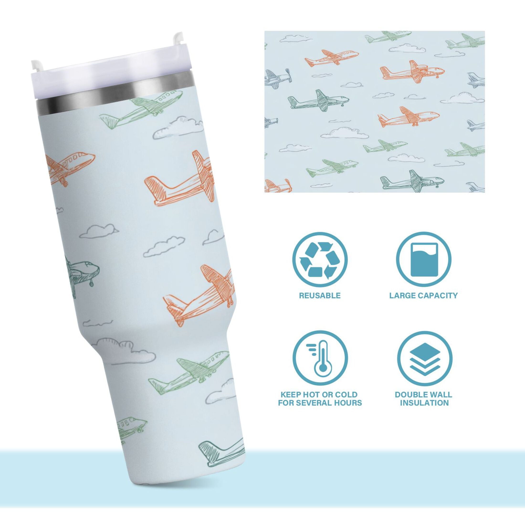 30 oz Insulated Stainless Steel Tumbler Double Wall Stainless Steel Tumbler with 2-Way Drinking Pastel Doodle Airplanes - LVQZ